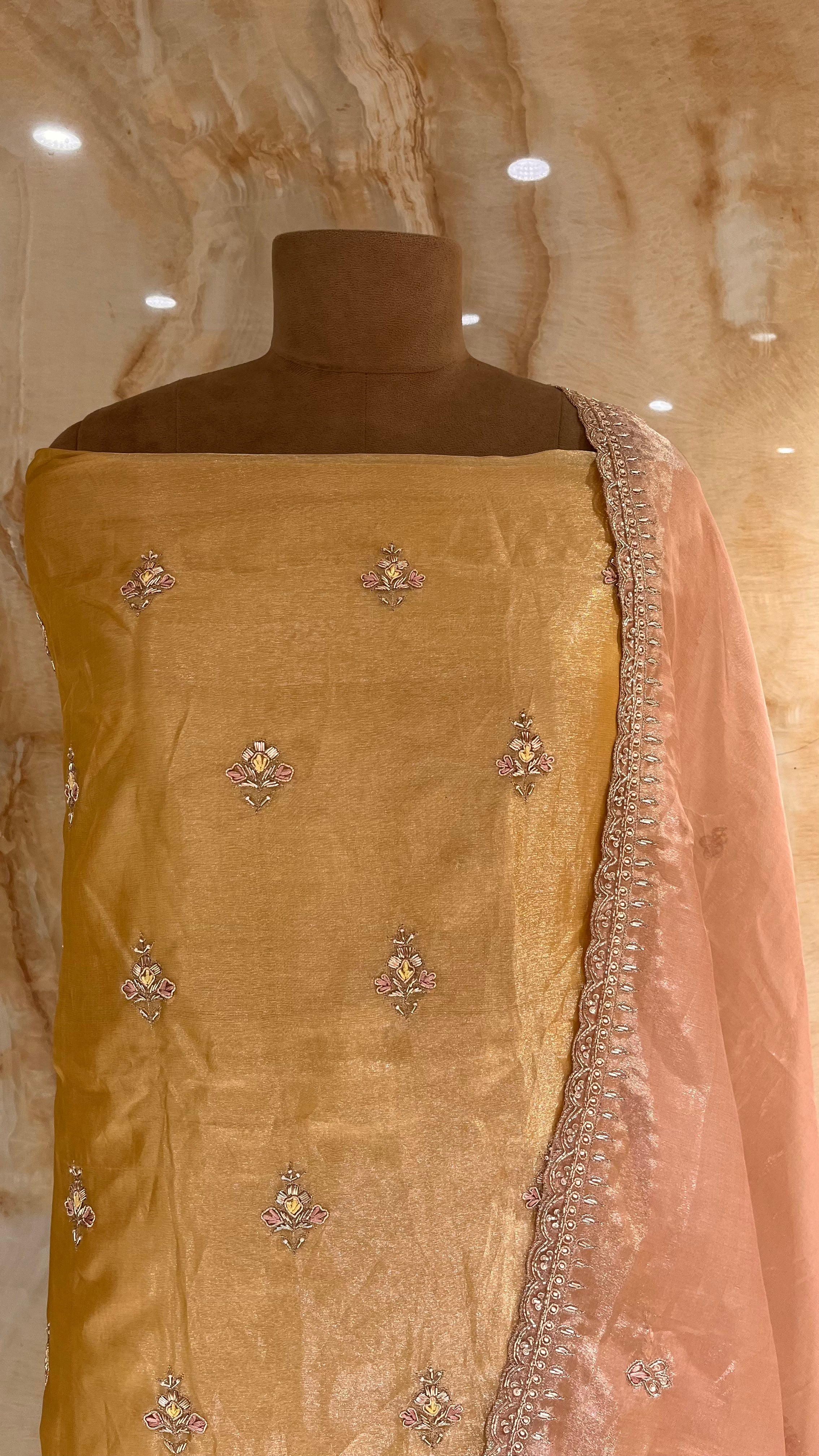 ELEGANT MUSTARD AND PEACH EMBROIDERED UNSTITCHED SUIT SET