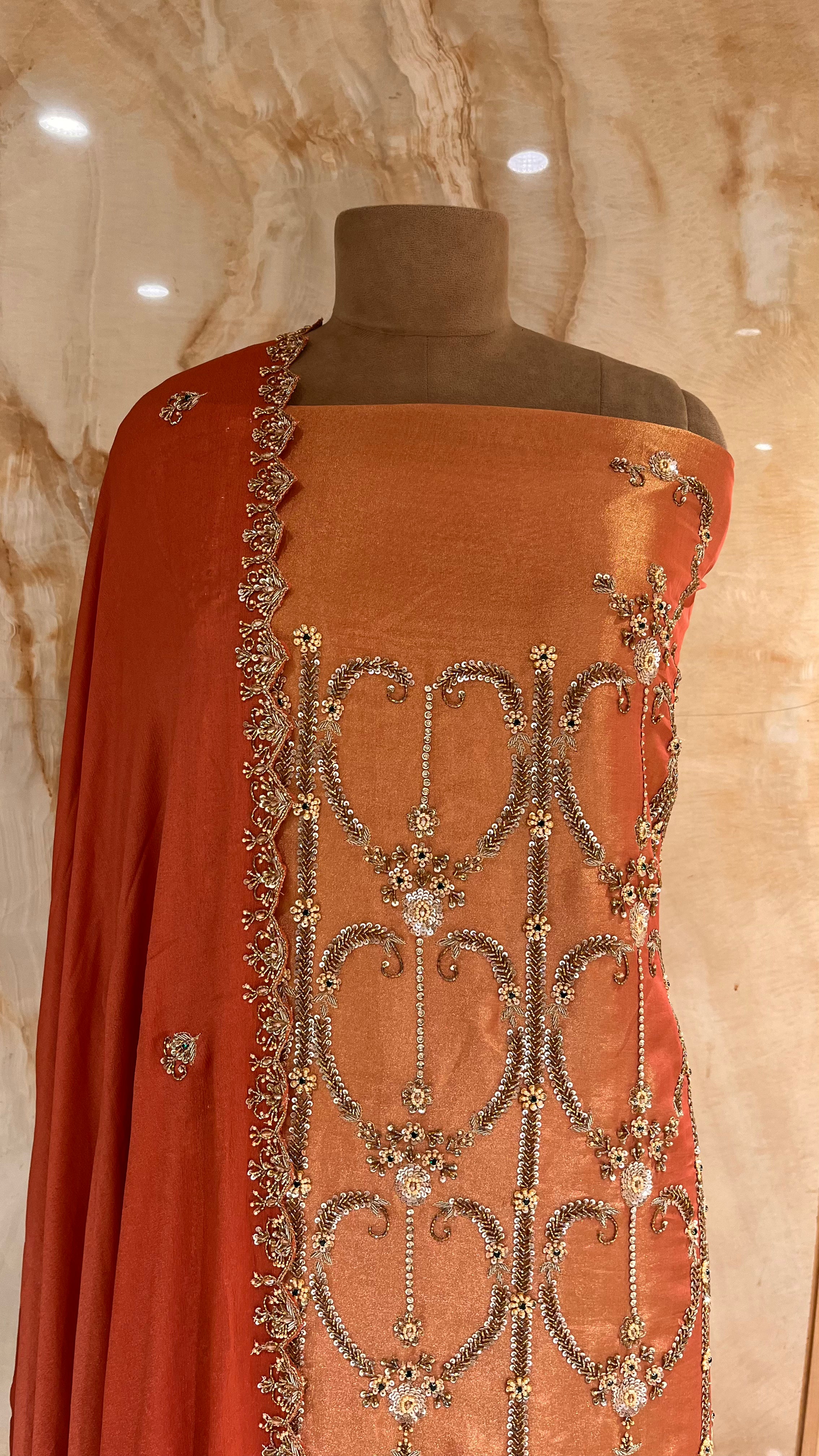 ROYAL ORANGE HEAVY EMBROIDERED UNSTITCHED SUIT SET