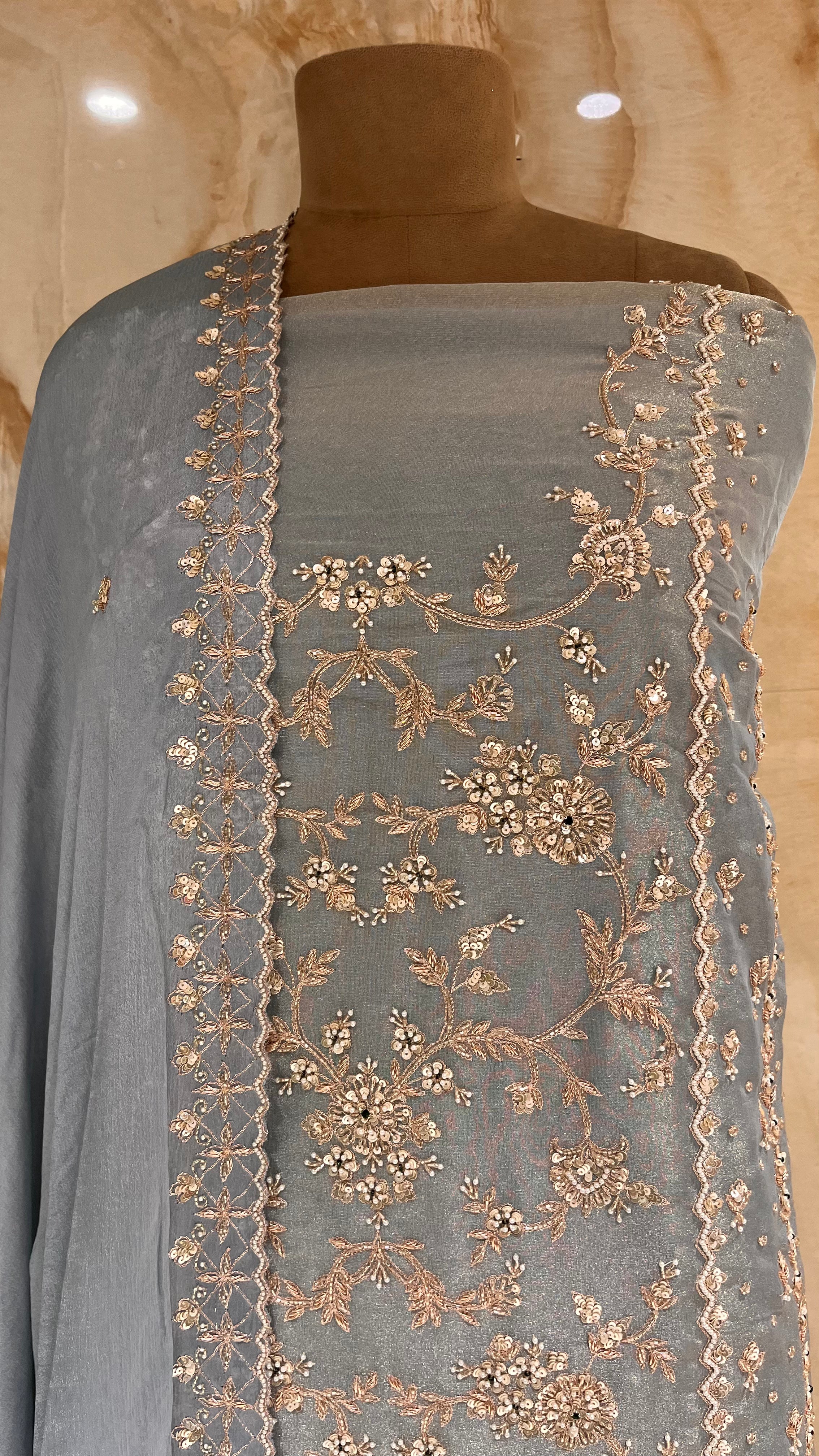 ELEGANT GREY HEAVY EMBROIDERED UNSTITCHED SUIT SET
