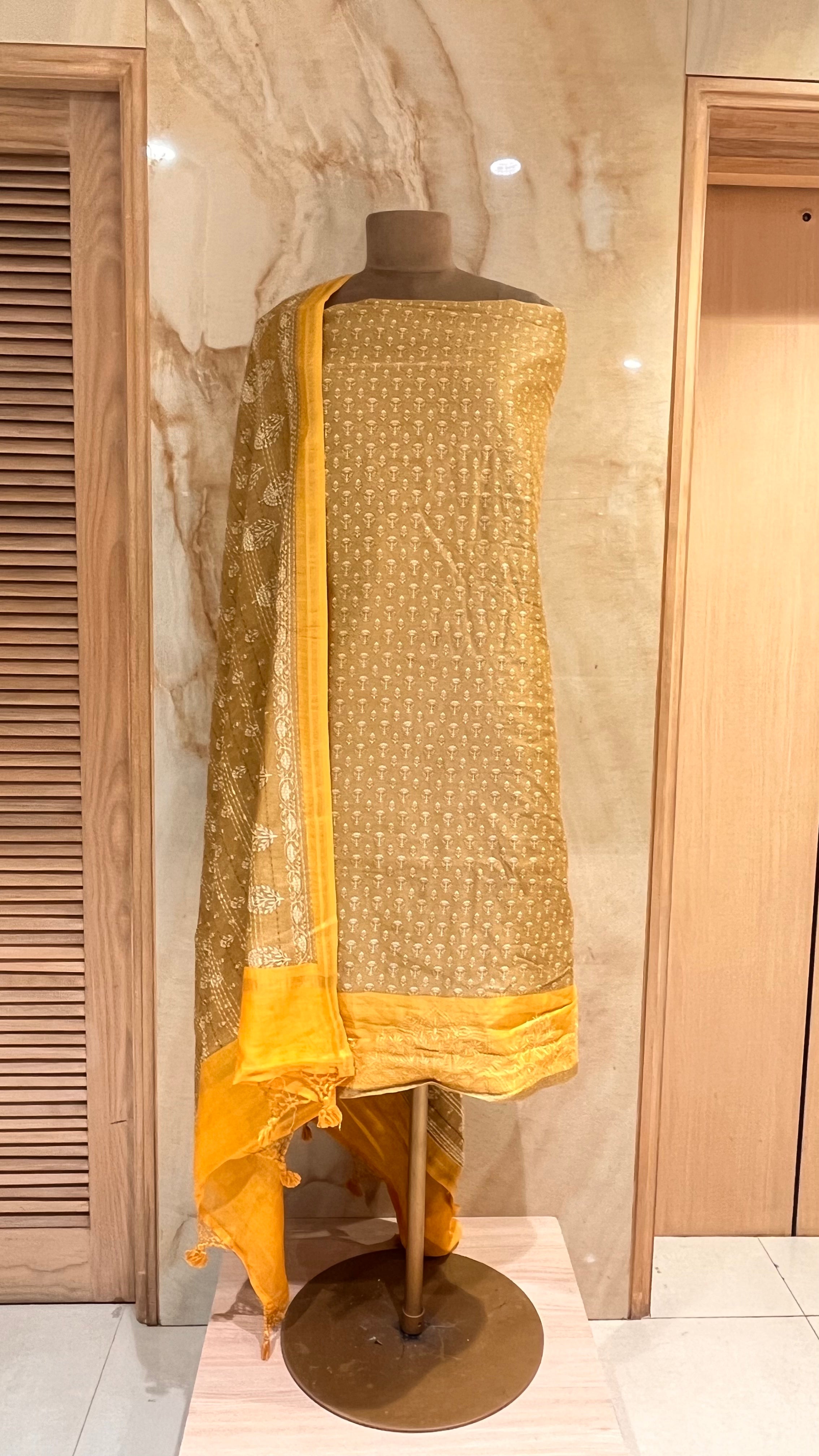 MUSTARD PRINTED UNSTITCHED SUIT SET