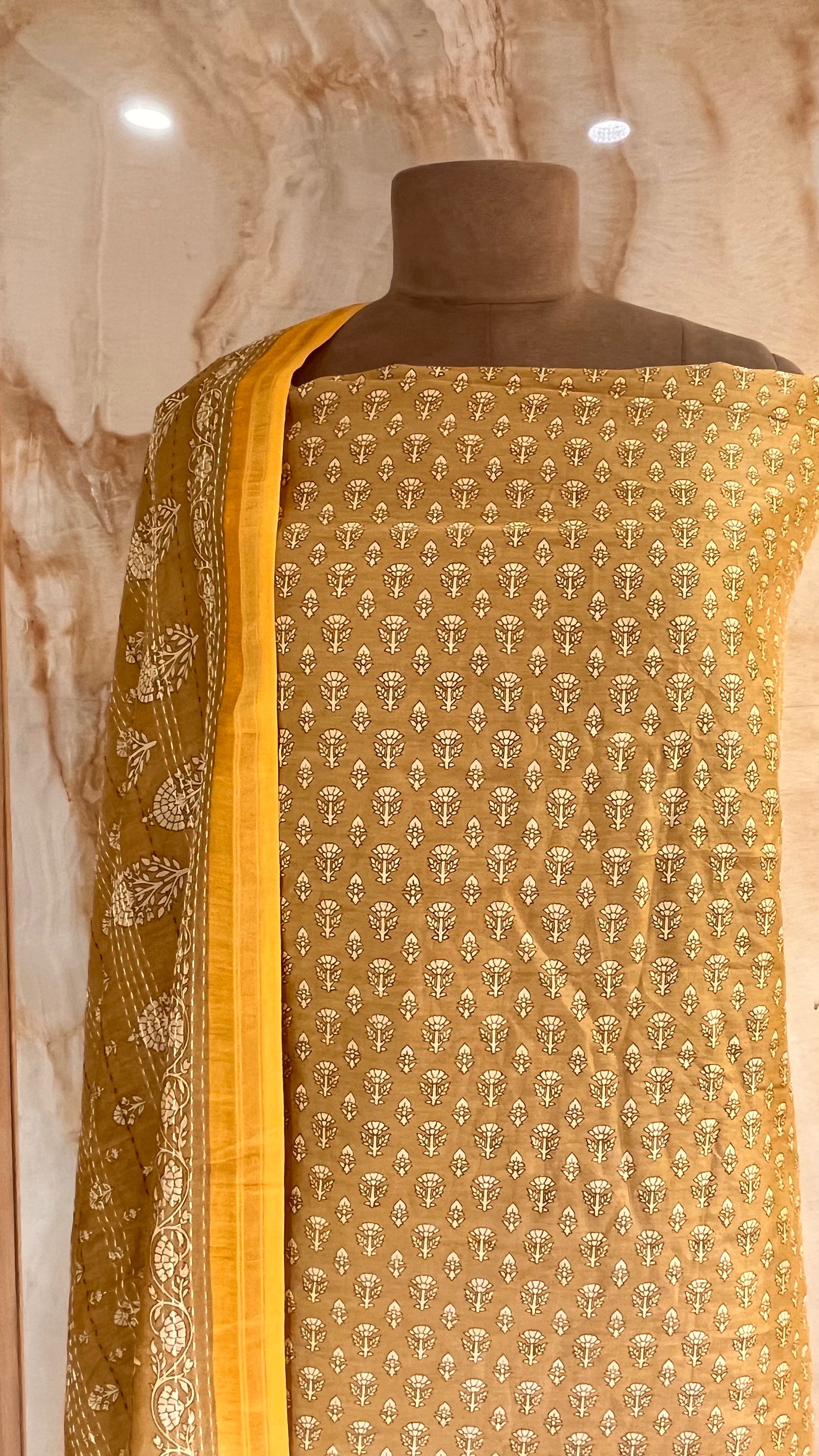 MUSTARD PRINTED UNSTITCHED SUIT SET