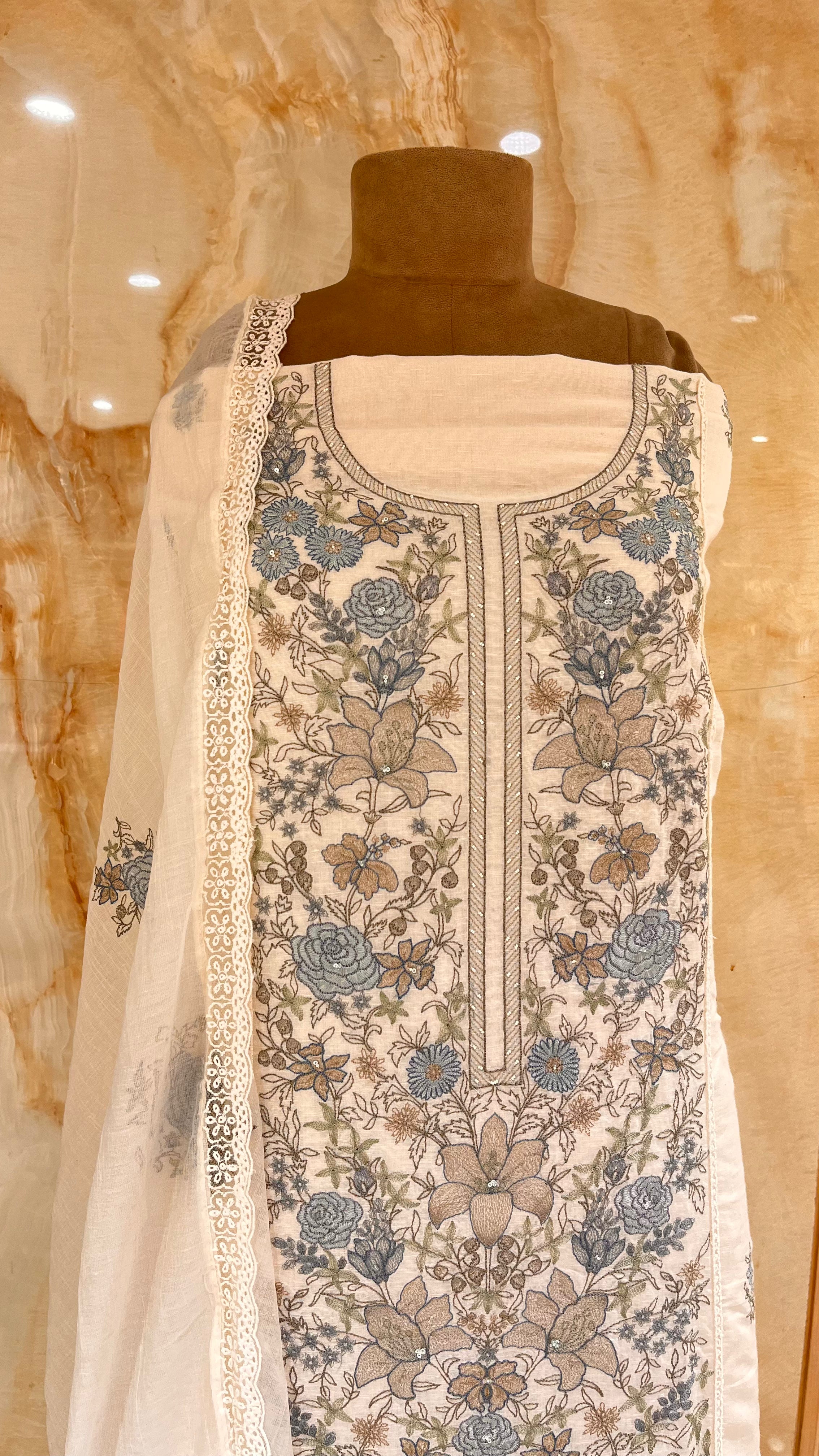 ELEGANT OFF WHITE FLORAL UNSTITCHED SUIT SET
