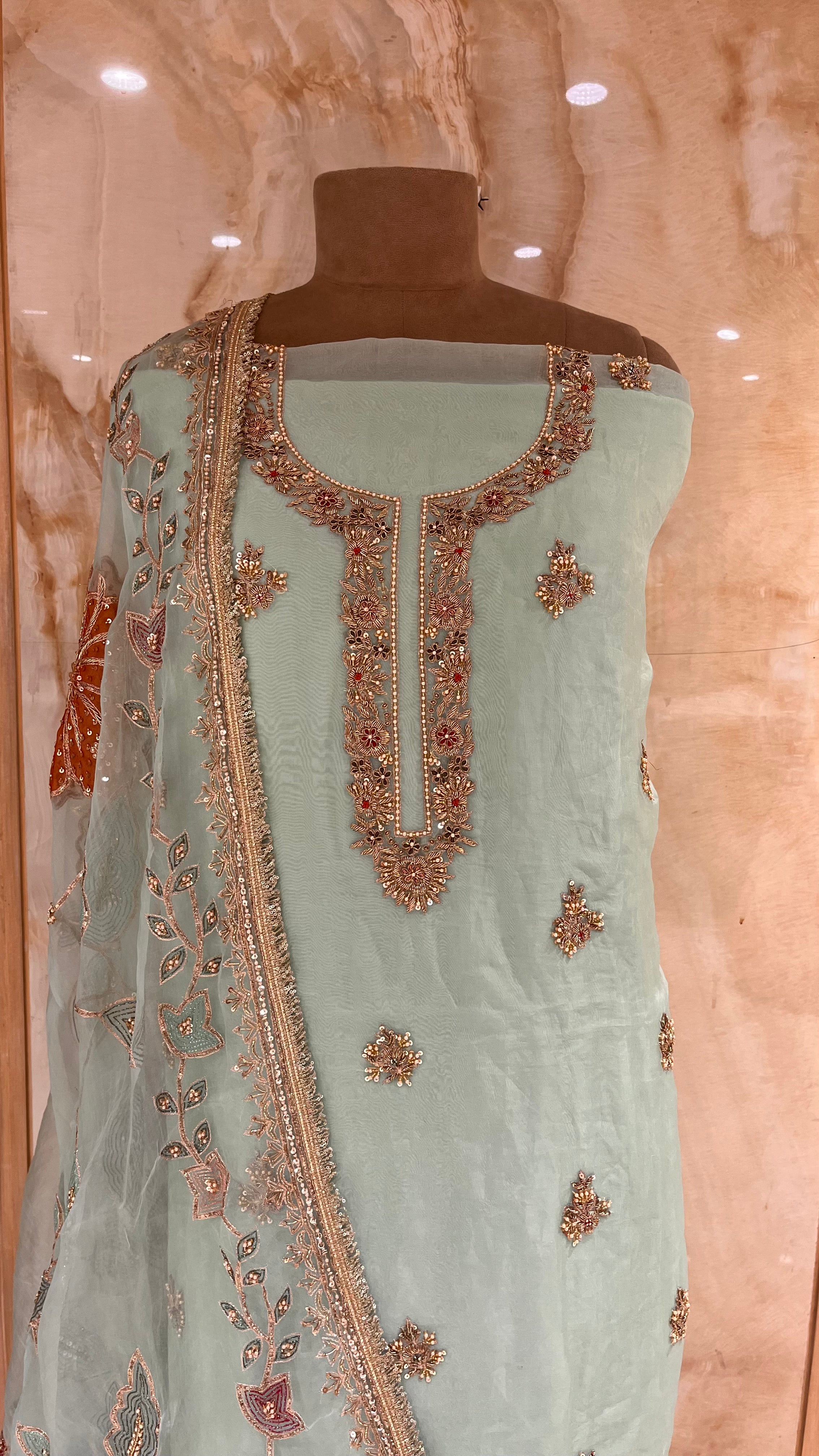 ELEGANT MINT GREEN UNSTITCHED SUIT SET