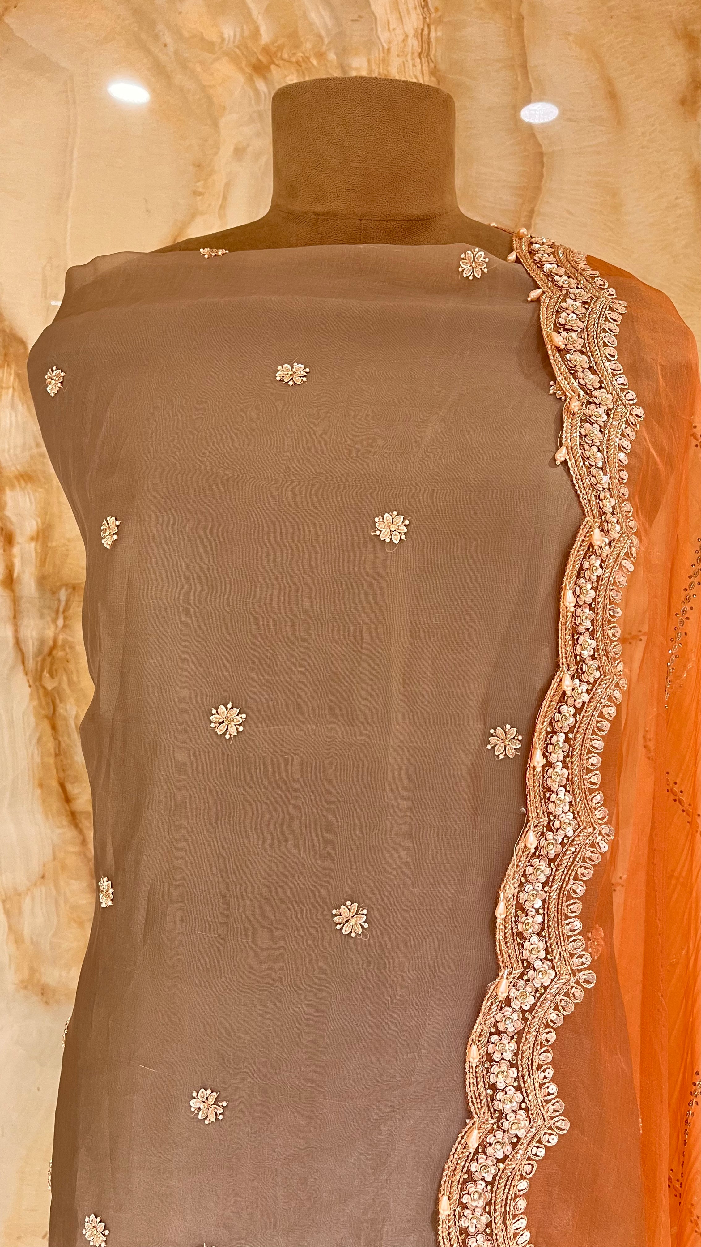 ELEGANT GREY & PEACH UNSTITCHED SUIT SET