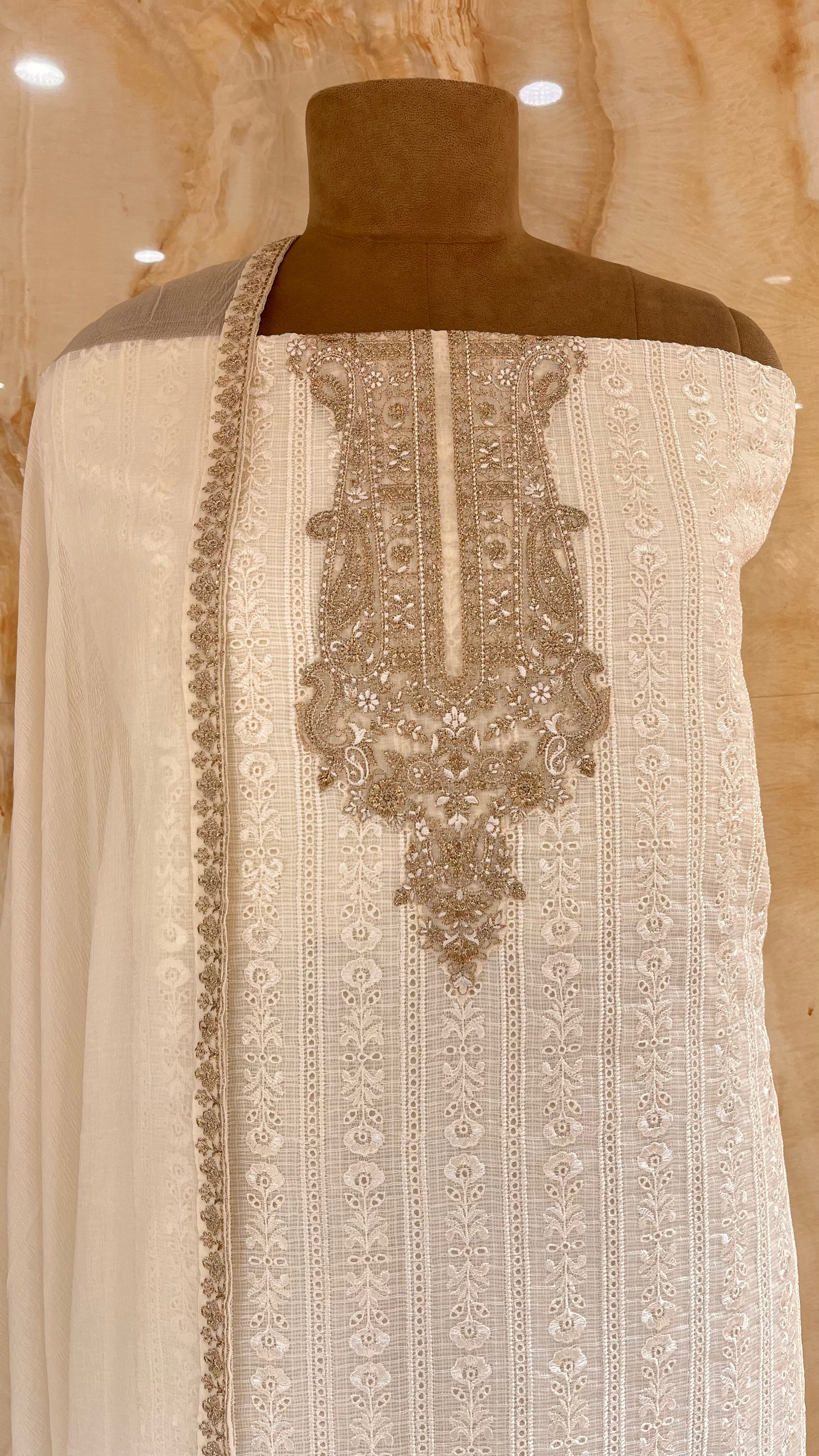 CLASSIC OFF WHITE EMBROIDERED UNSTITCHED SUIT SET