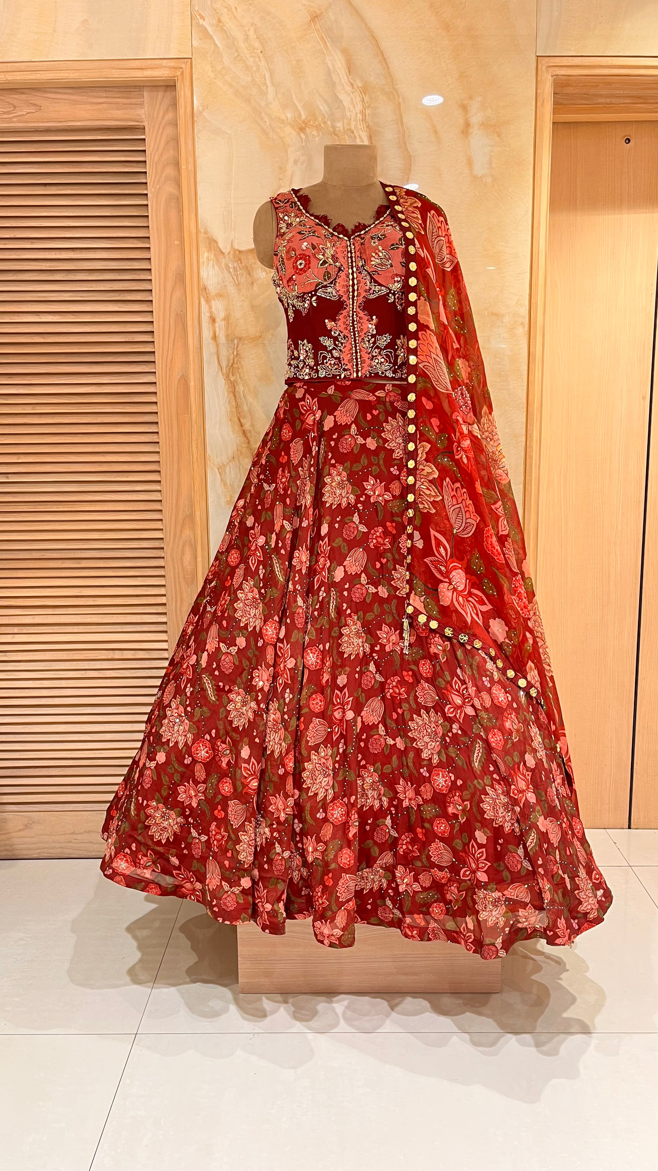 ELEGANT RED FLORAL PRINT LEHENGA SET