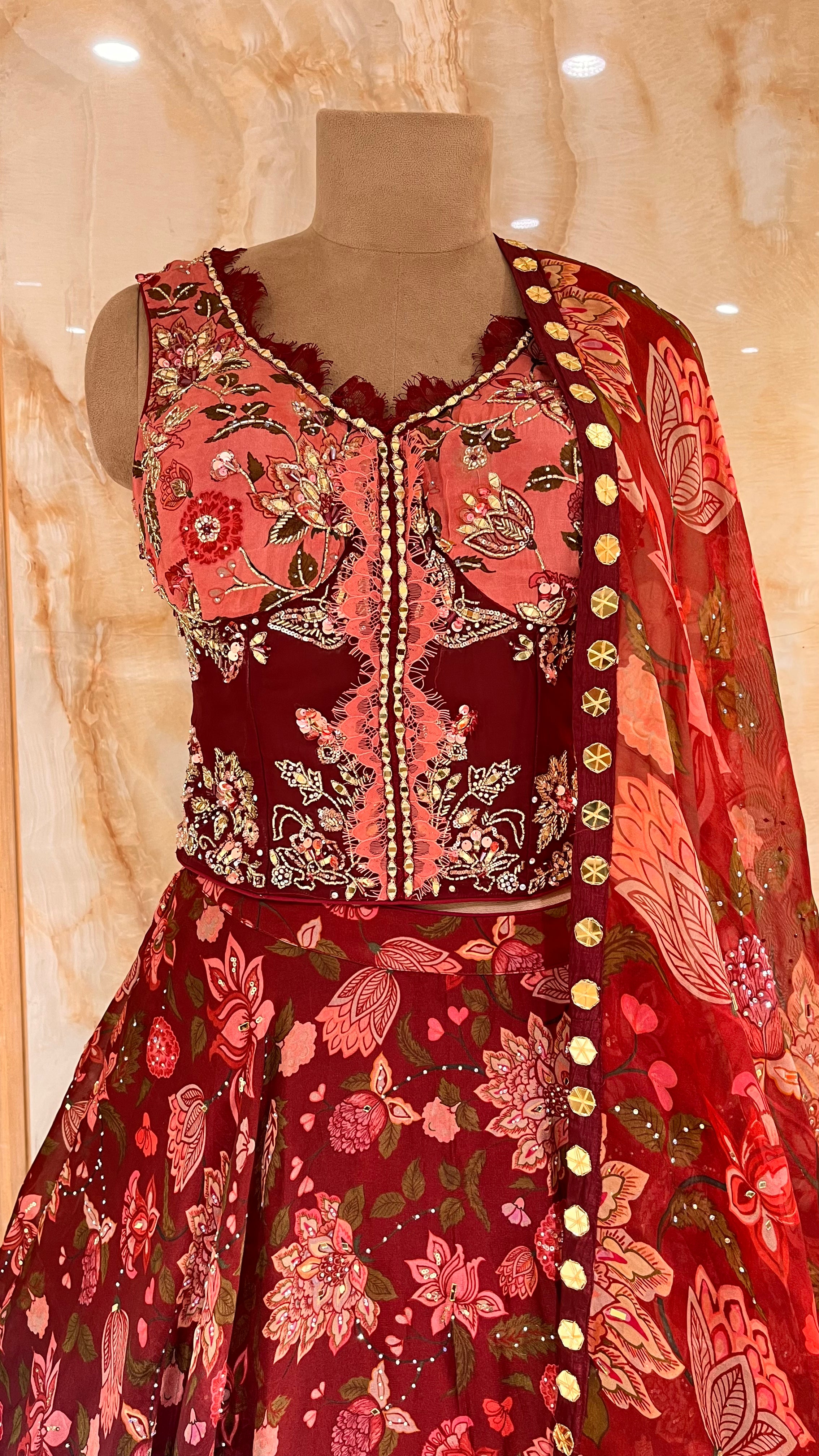 ELEGANT RED FLORAL PRINT LEHENGA SET