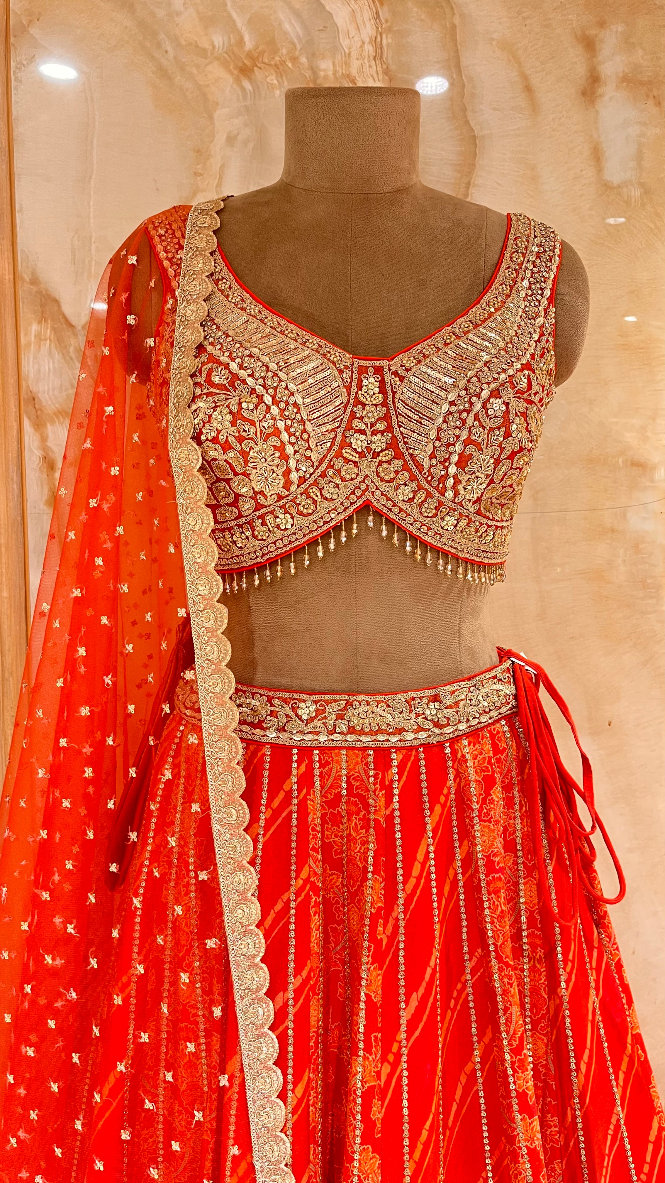 VIBRANT ORANGE & GOLD EMBROIDERED LEHENGA SET