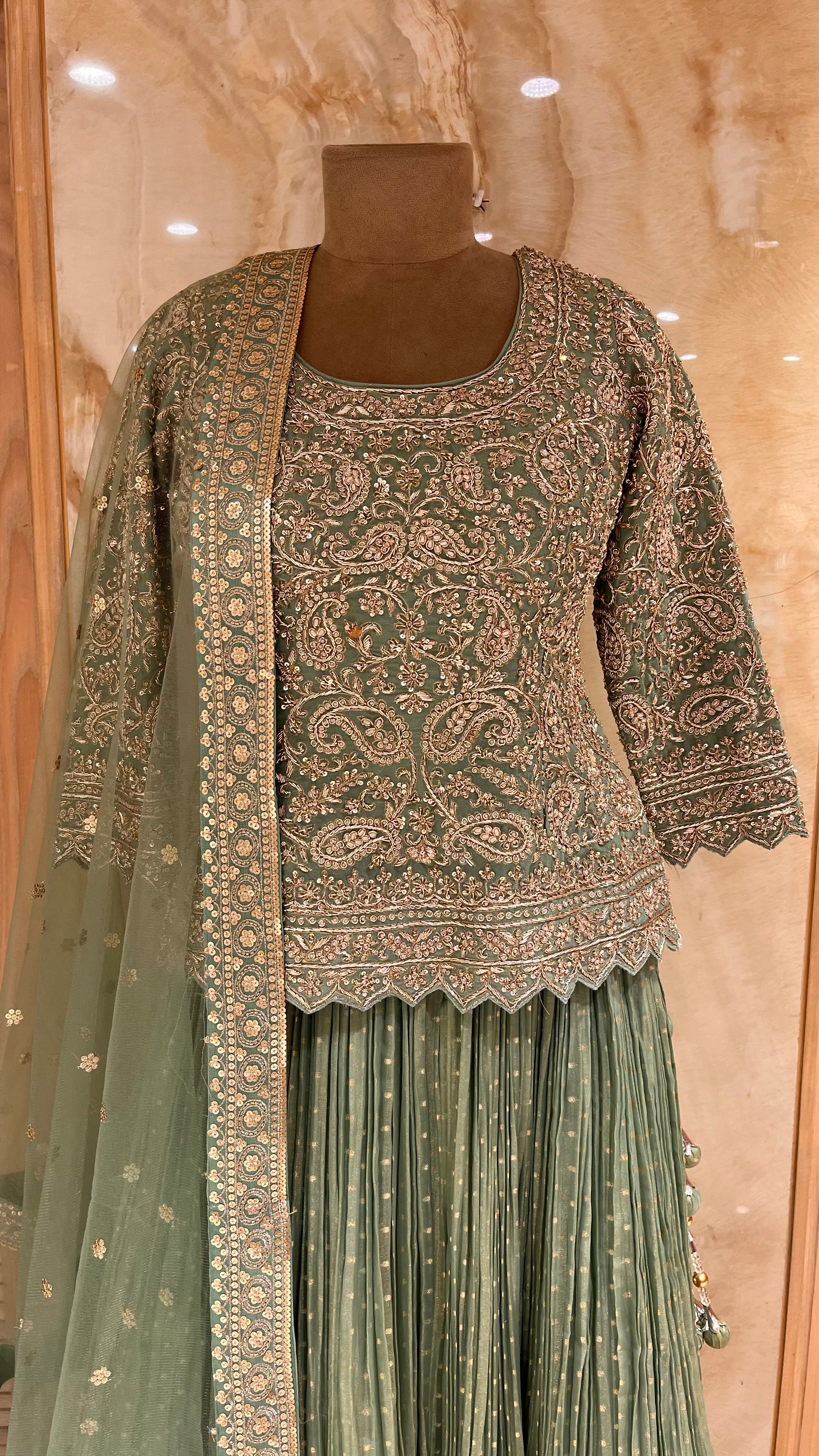 ELEGANT SAGE GREEN EMBROIDERED LEHENGA SET