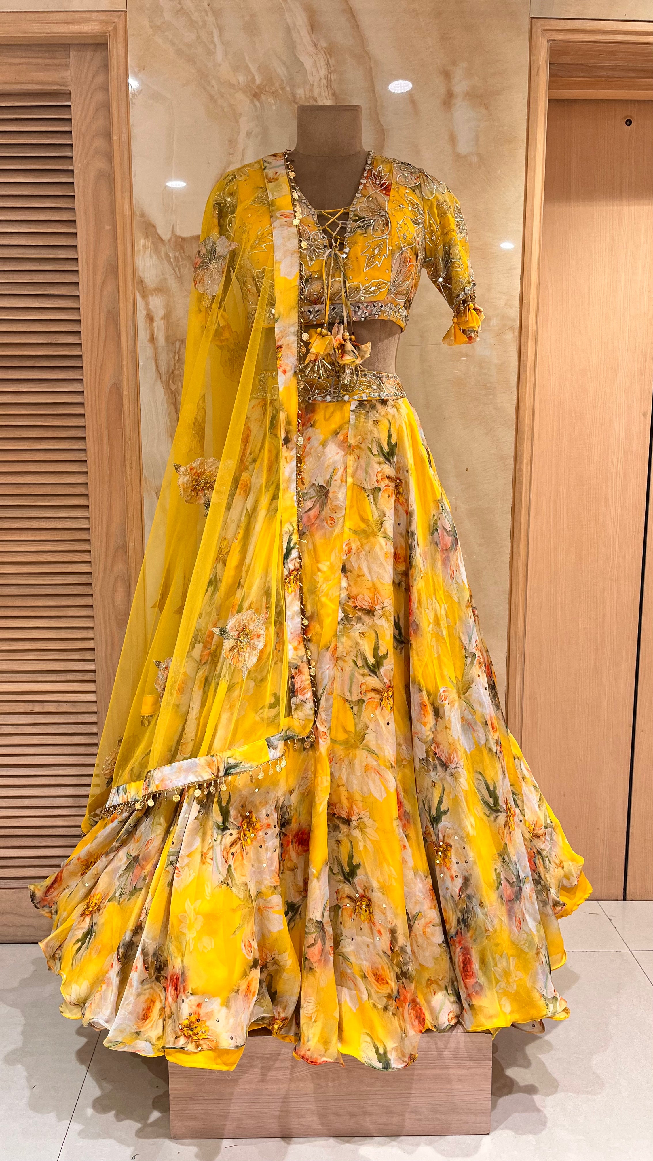 VIBRANT YELLOW FLORAL PRINTED LEHENGA SET