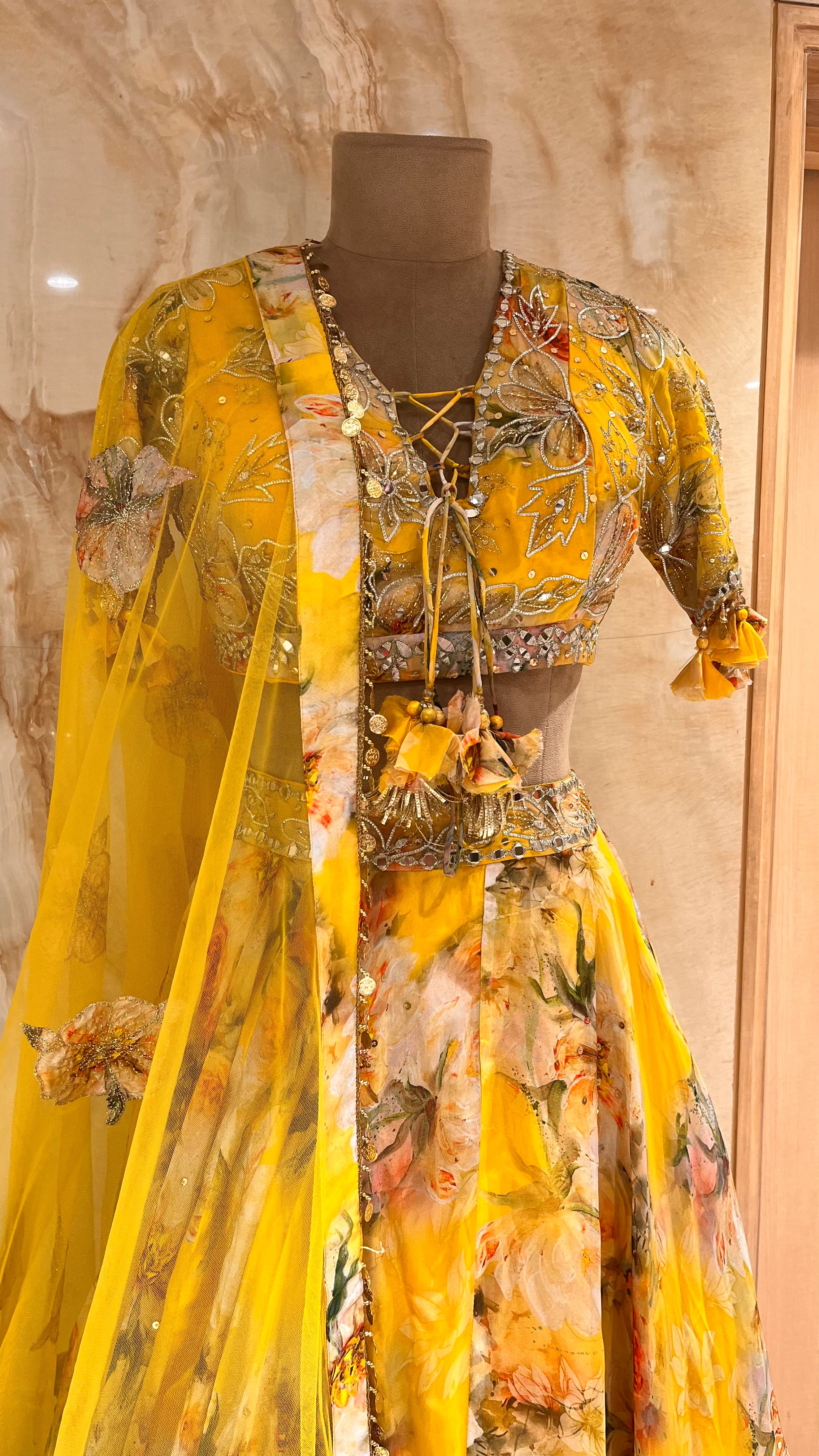 VIBRANT YELLOW FLORAL PRINTED LEHENGA SET