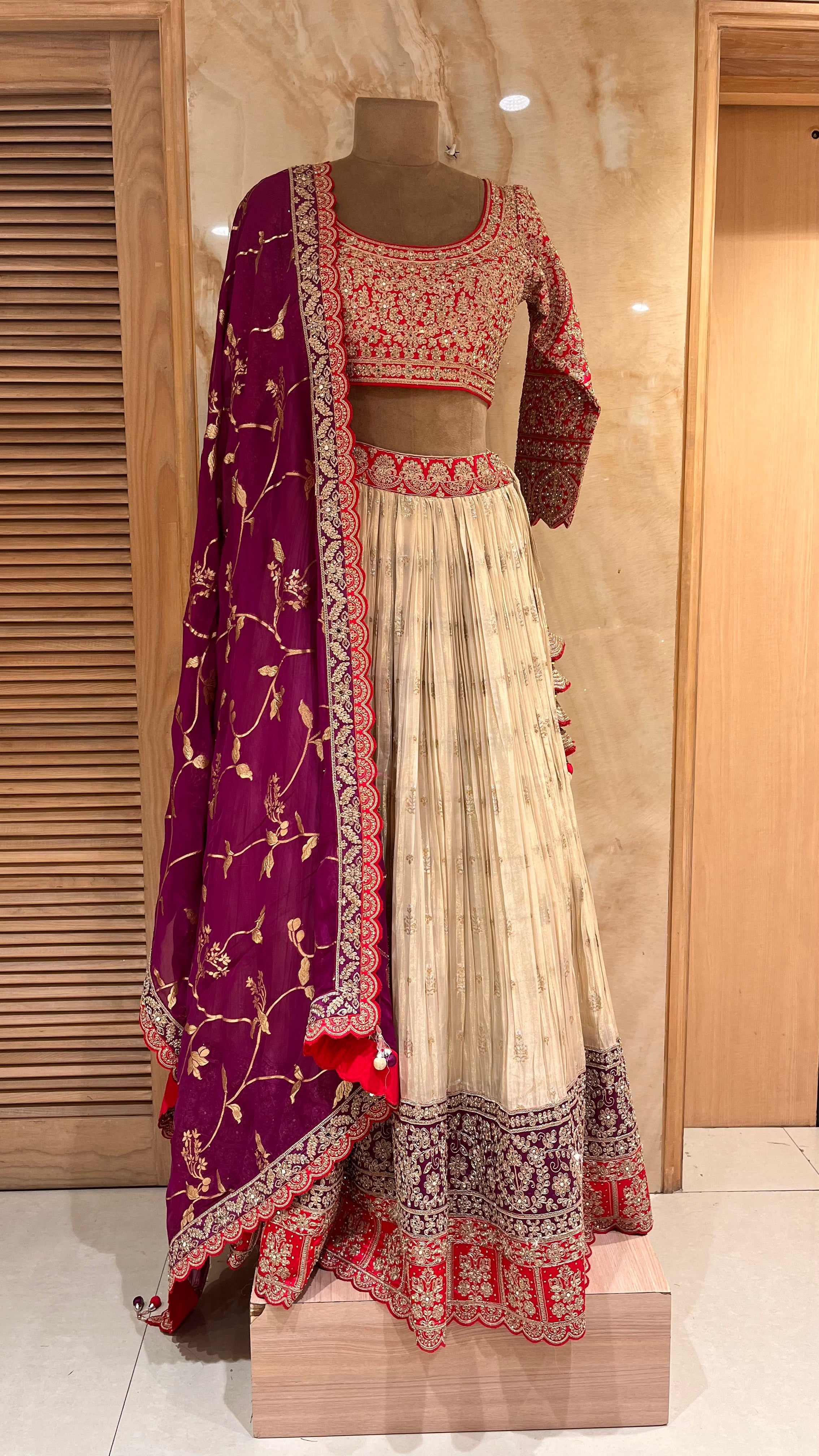 ELEGANT CREAM, ORANGE AND WINE EMBROIDERED LEHENGA SET