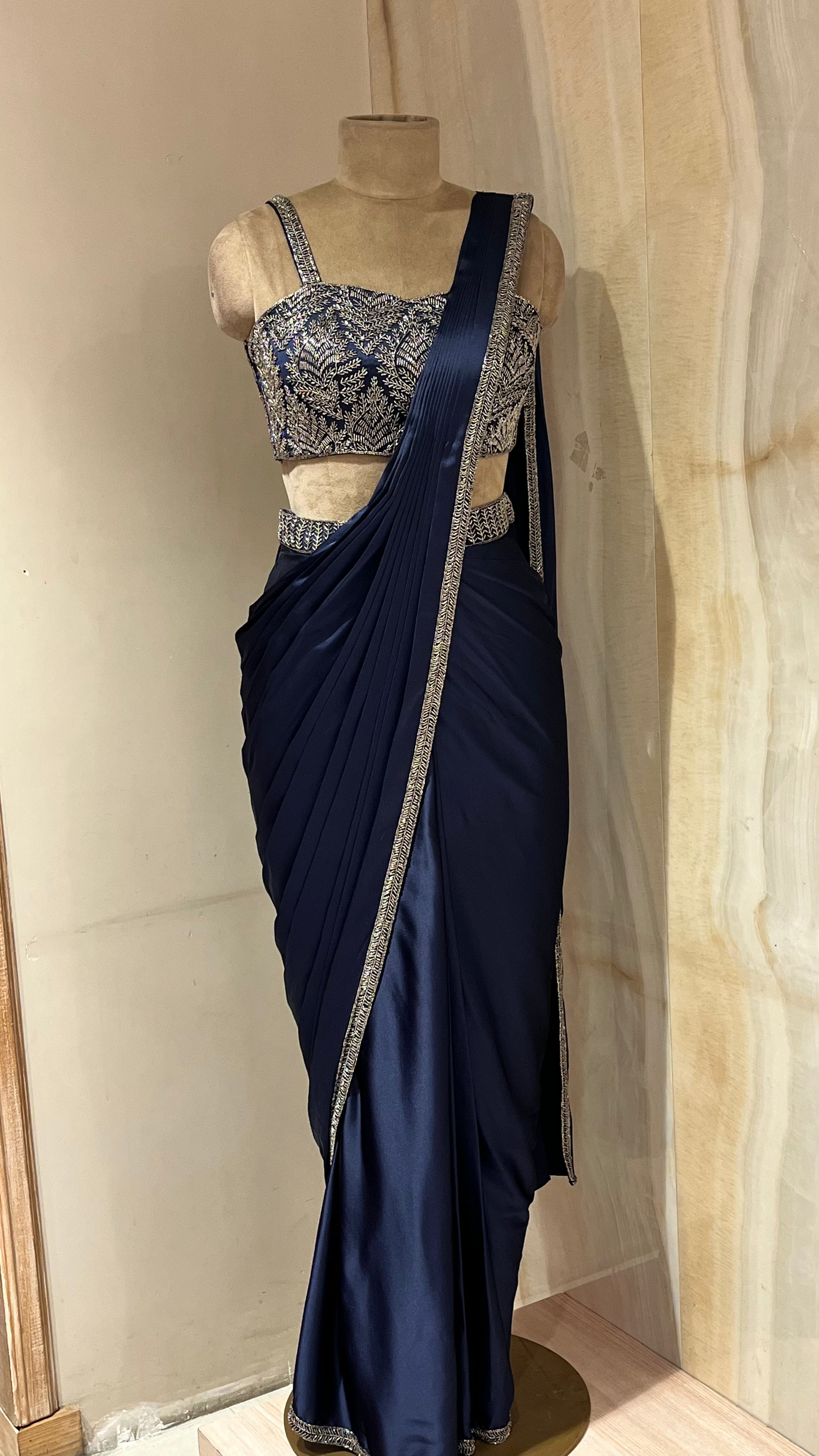 NAVY BLUE EMBROIDERED READYMADE SAREE