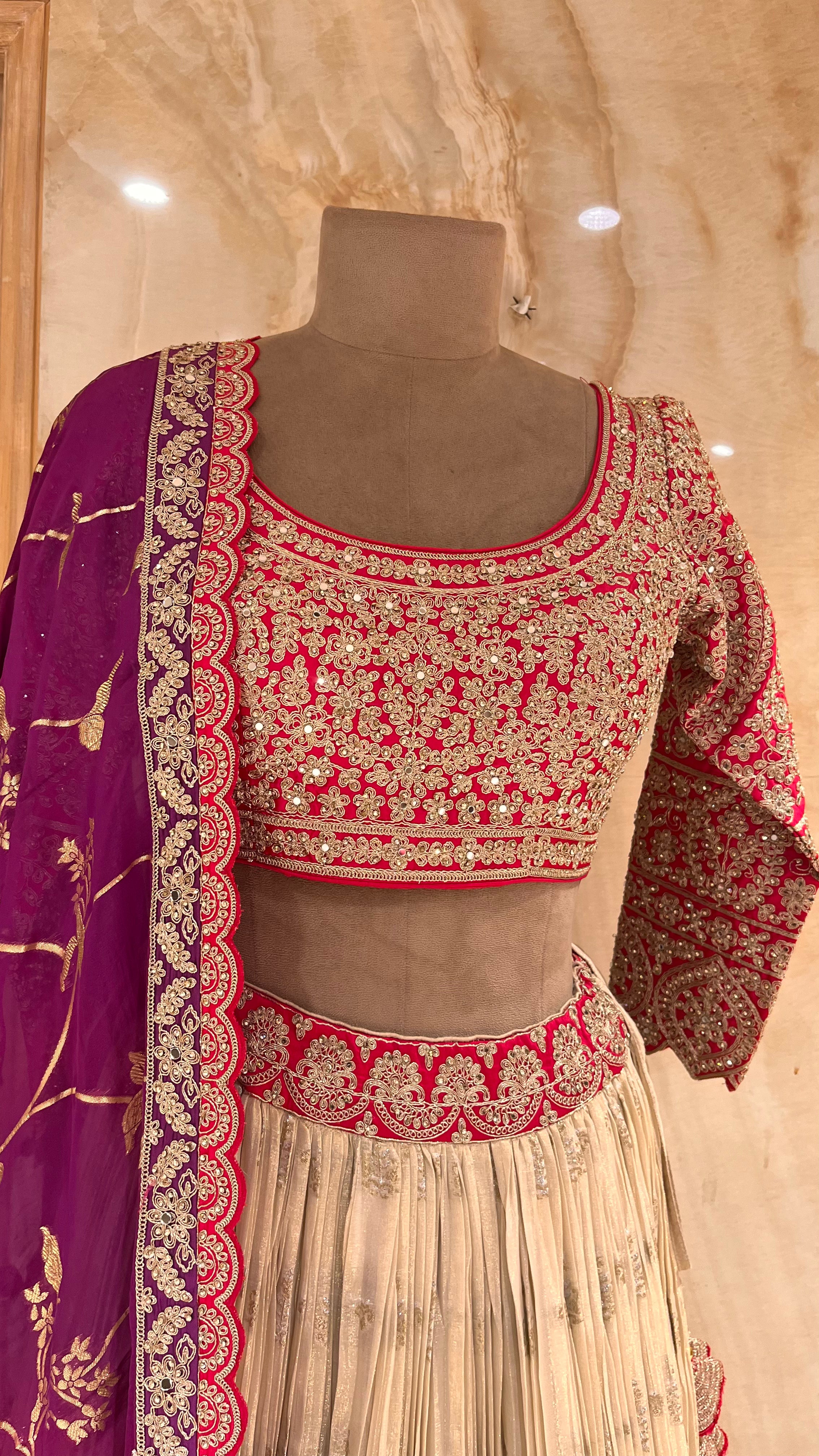 ELEGANT CREAM, ORANGE AND WINE EMBROIDERED LEHENGA SET