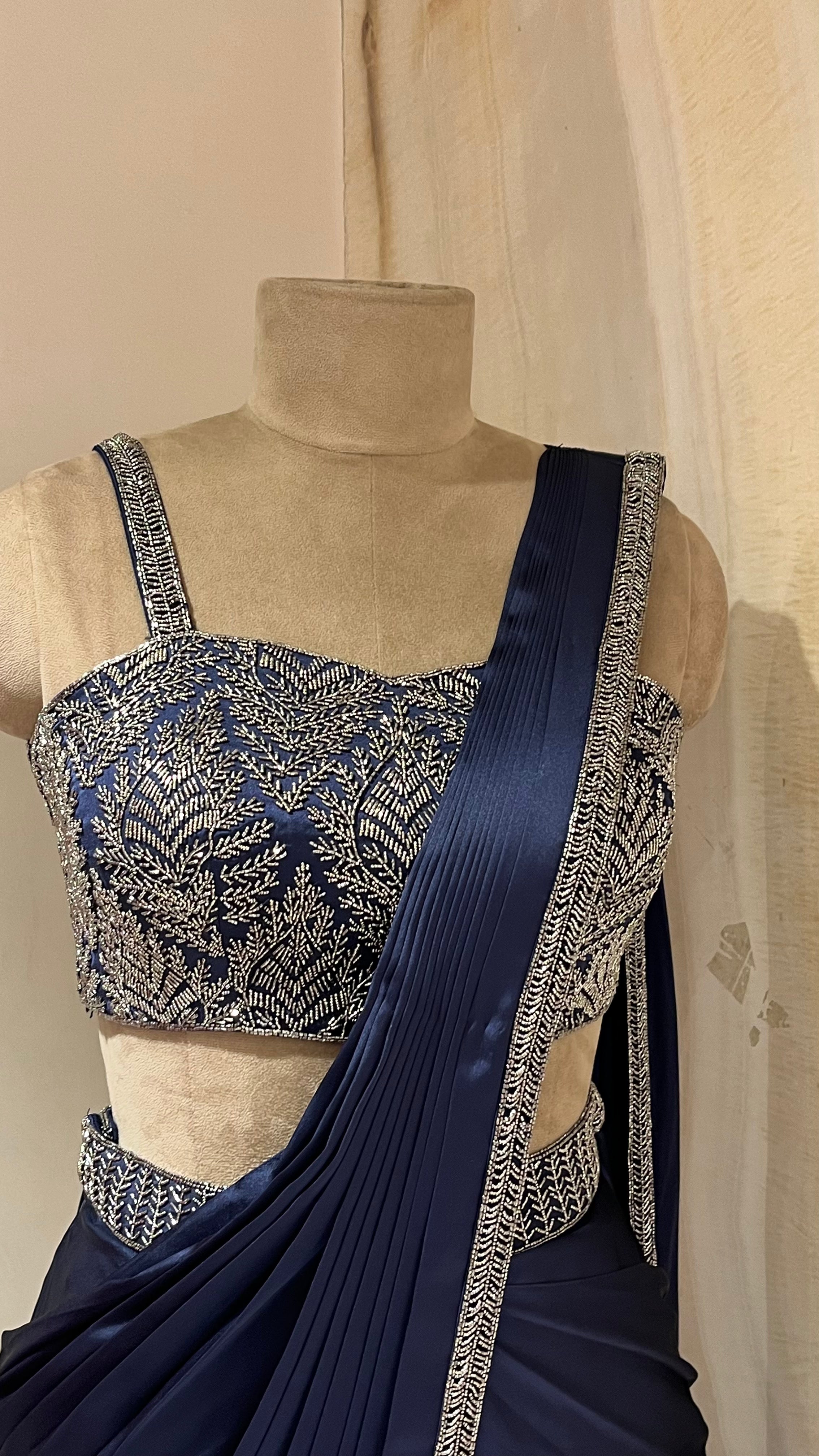 NAVY BLUE EMBROIDERED READYMADE SAREE