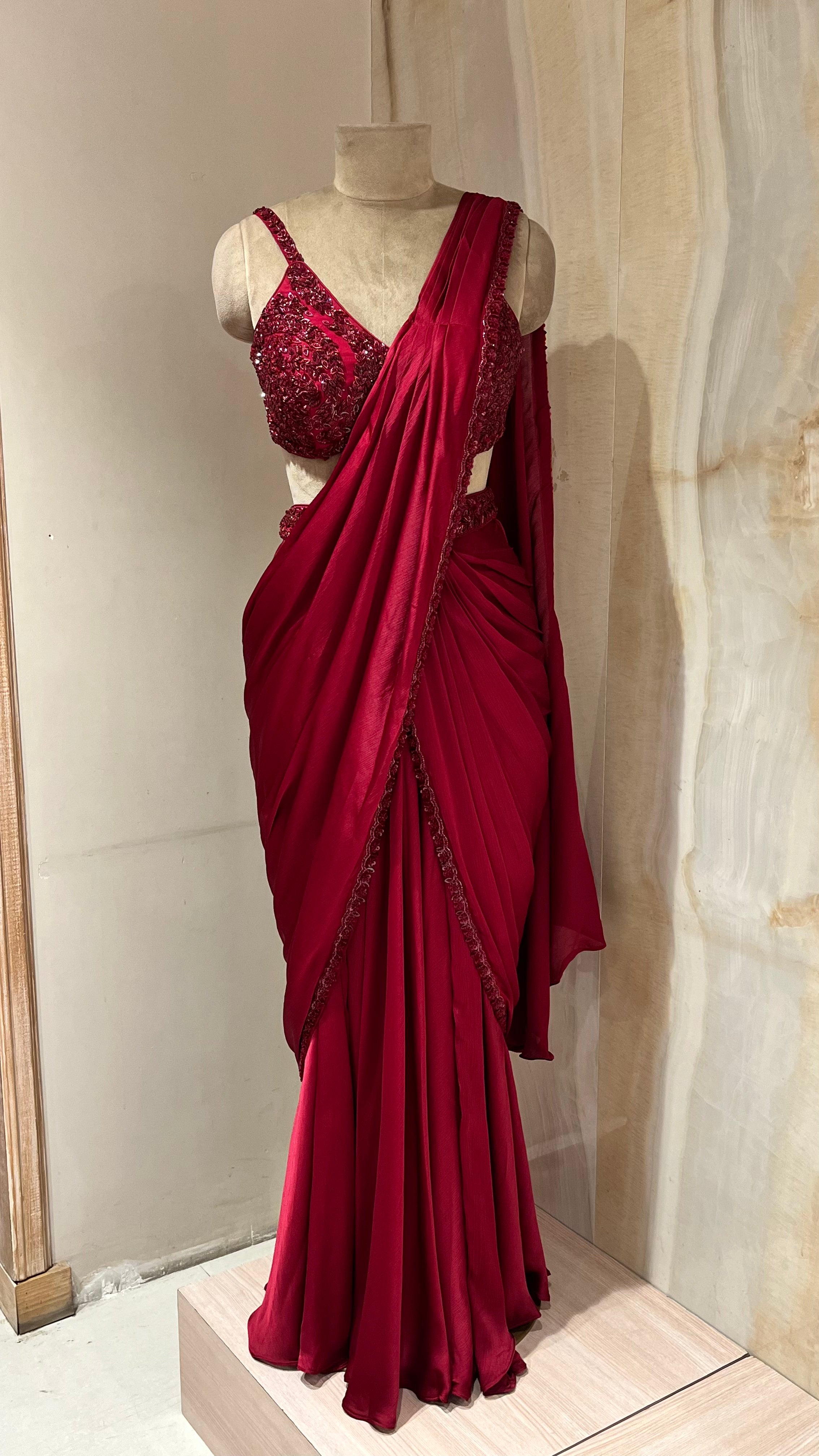 RED EMBELLISHED READYMADE SAREE