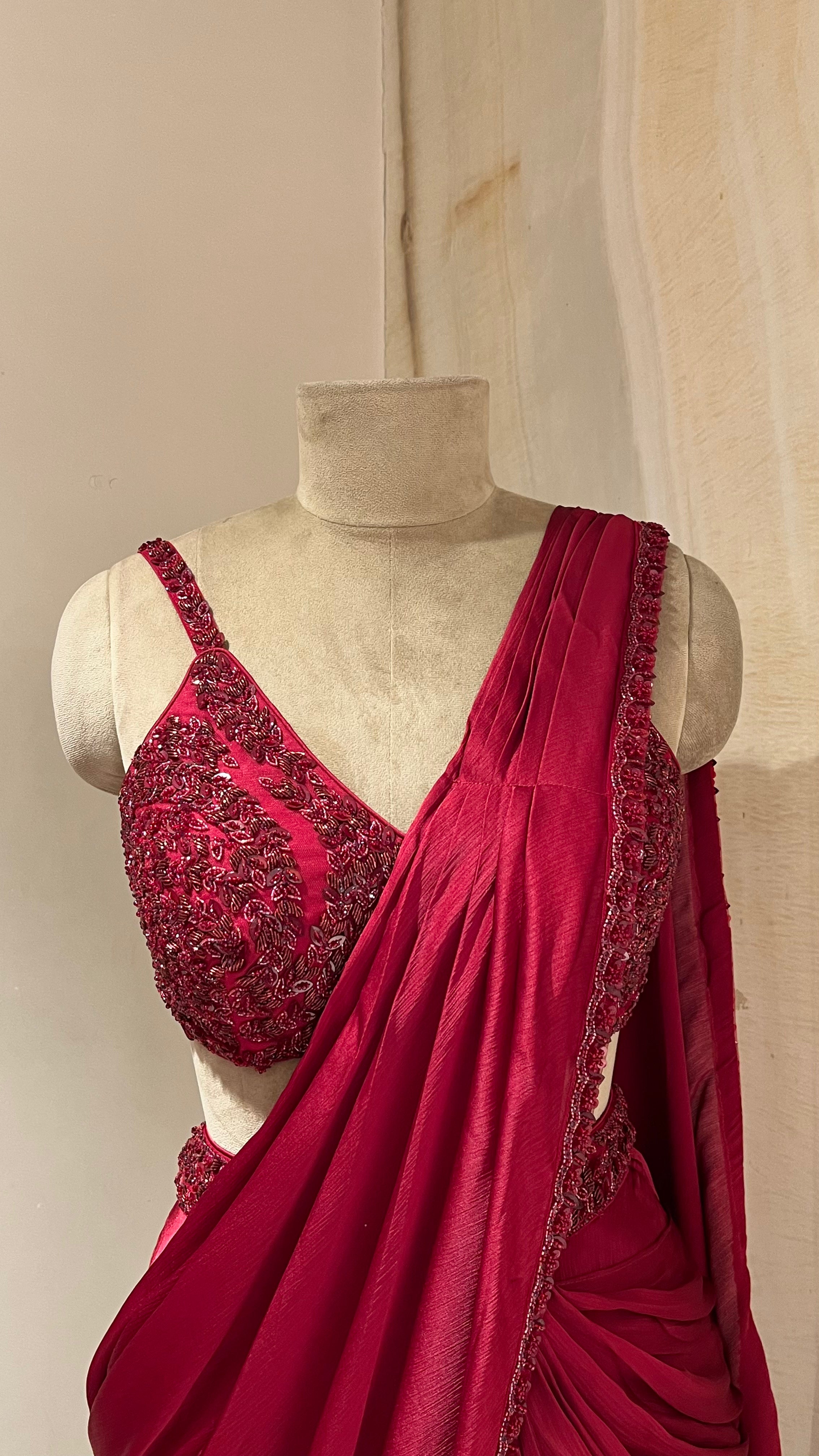 RED EMBELLISHED READYMADE SAREE