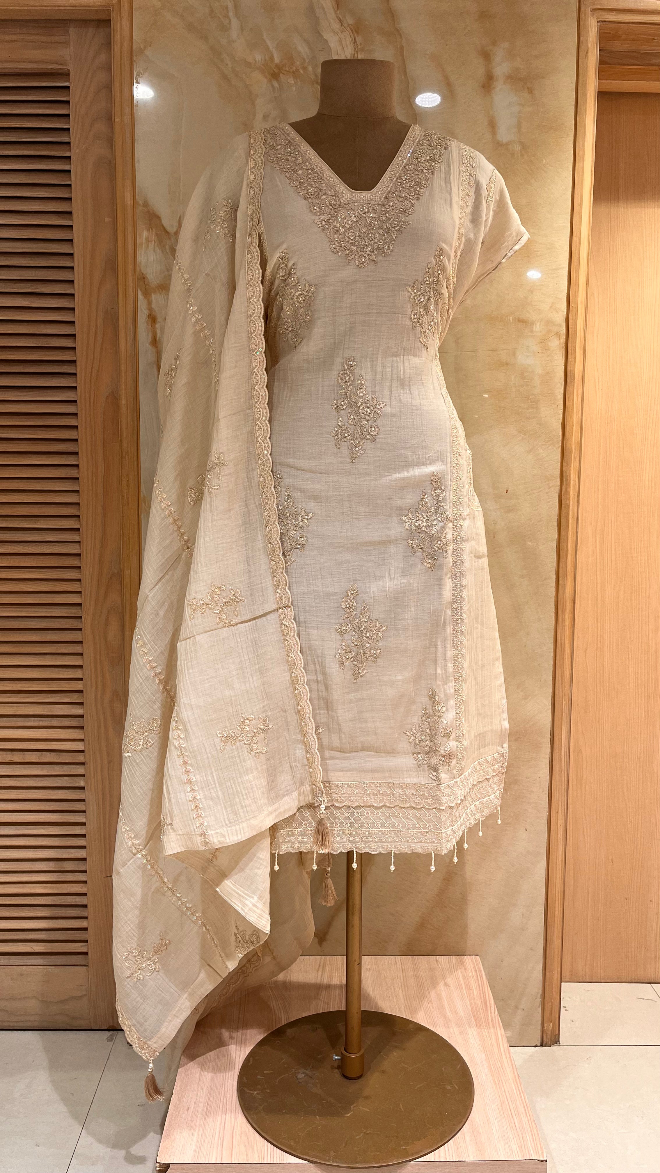 ELEGANT BEIGE EMBROIDERED UNSTITCHED SUIT SET