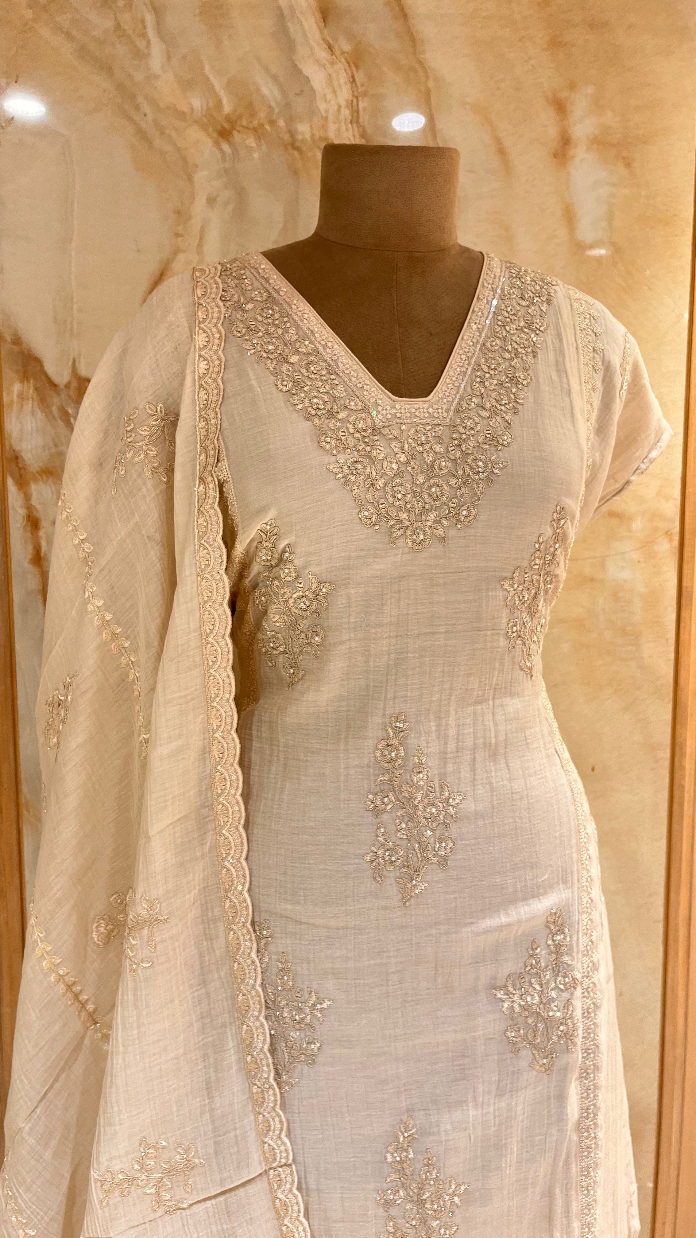 ELEGANT BEIGE EMBROIDERED UNSTITCHED SUIT SET