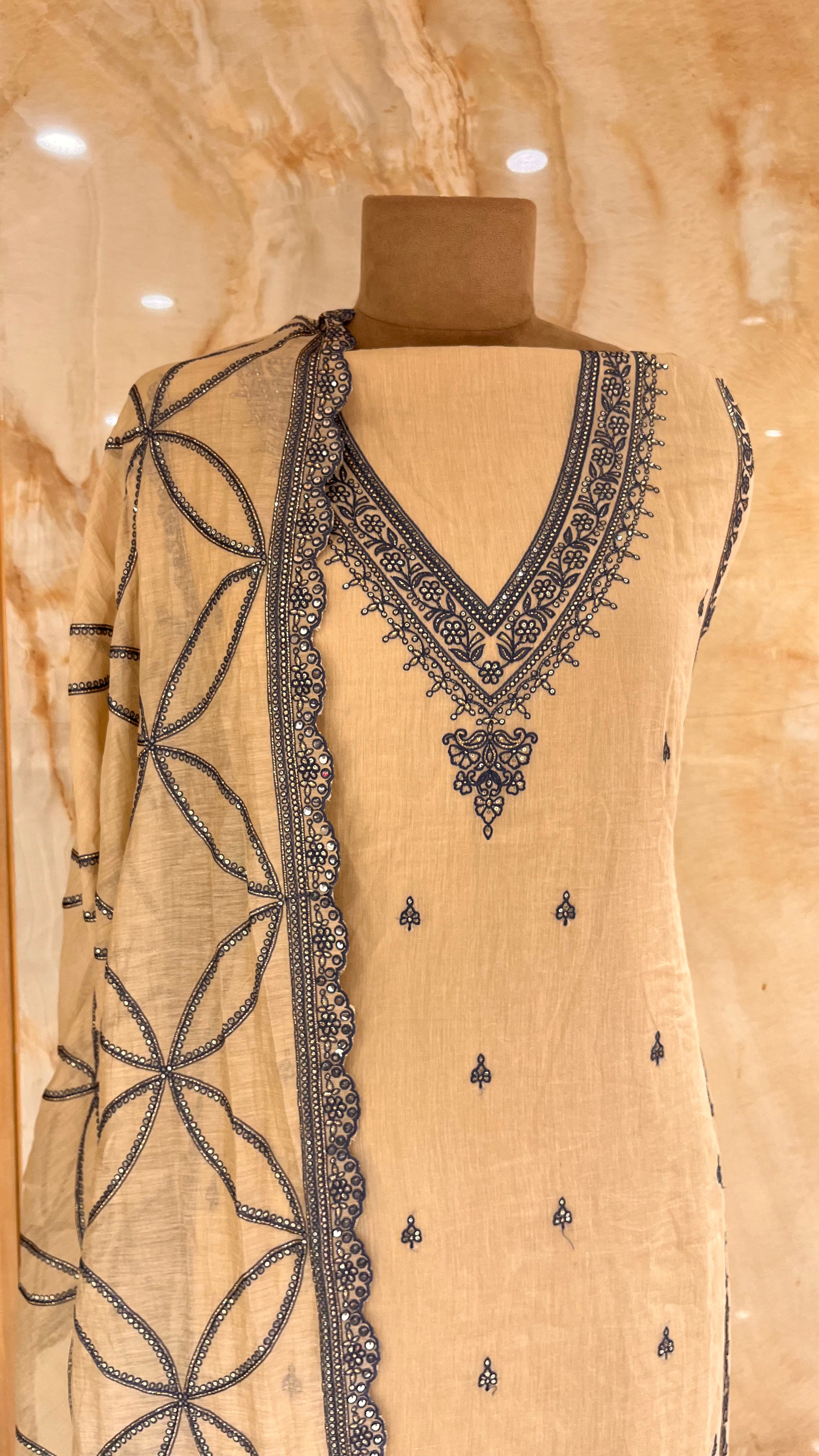 BEIGE & BLUE EMBROIDERED UNSTITCHED SUIT SET