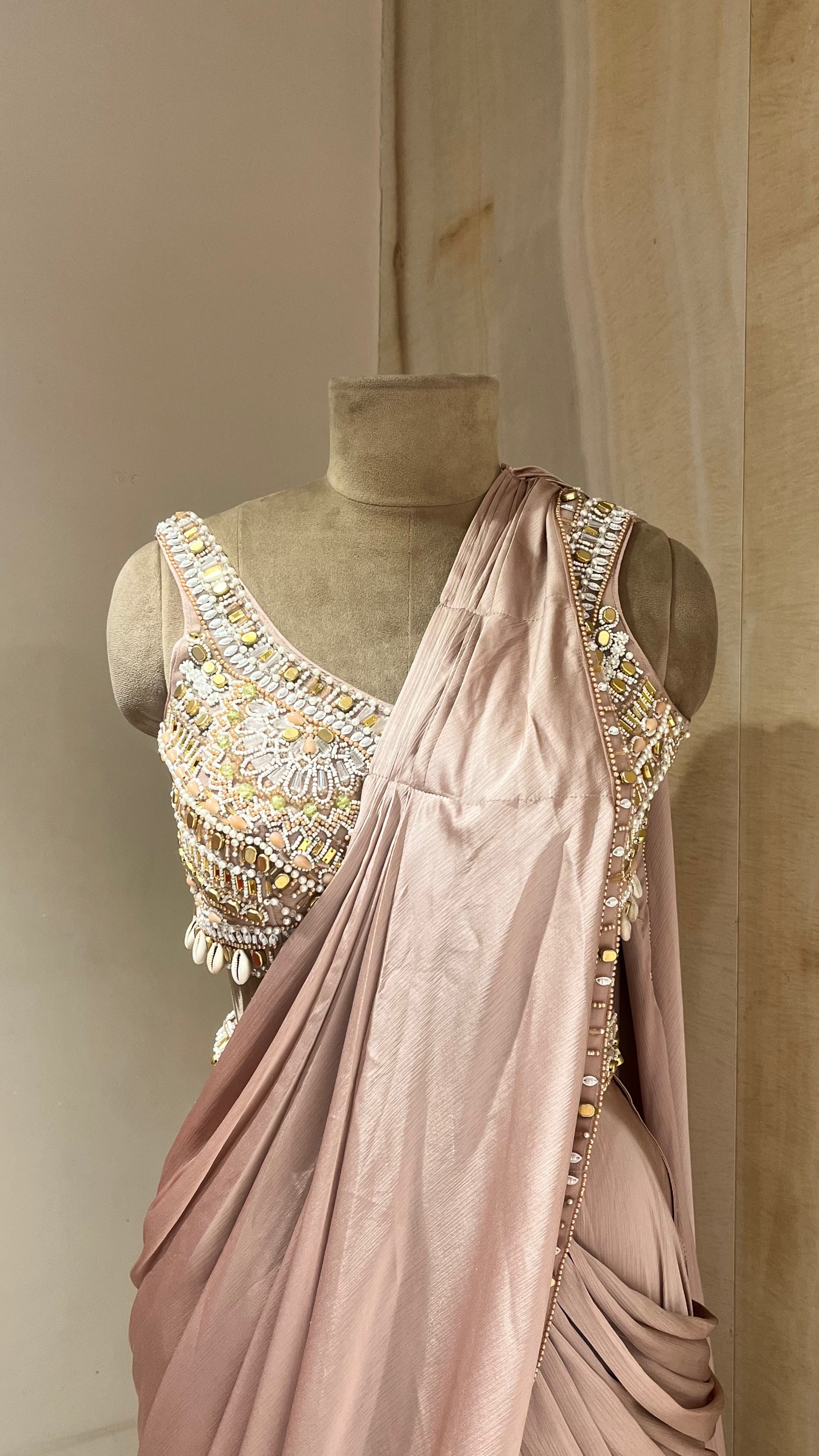 DUSTY MAUVE MIRROR WORK READYMADE SAREE