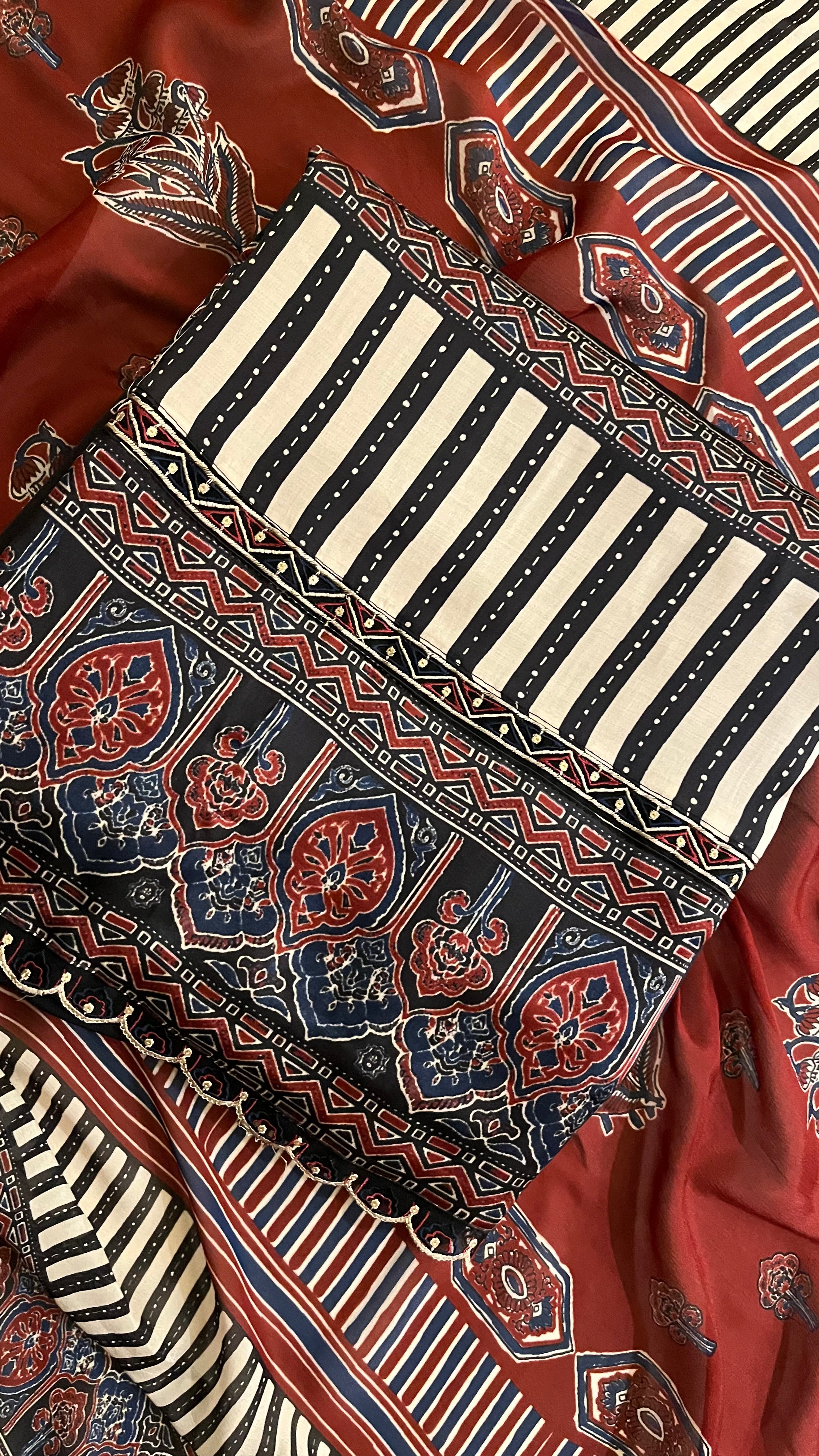 BLACK & RED PRINTED UNSTITCHED SUIT