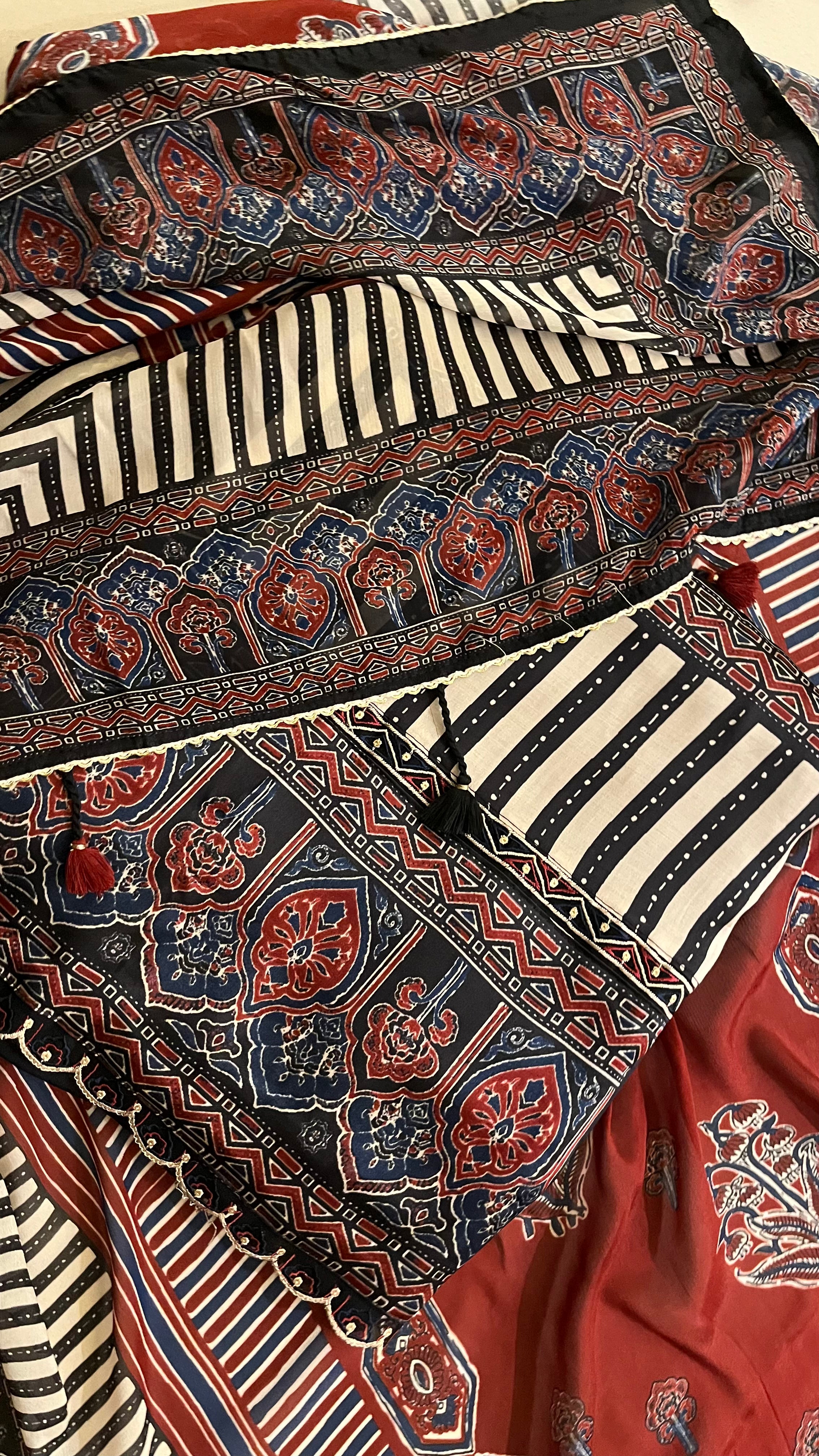 BLACK & RED PRINTED UNSTITCHED SUIT