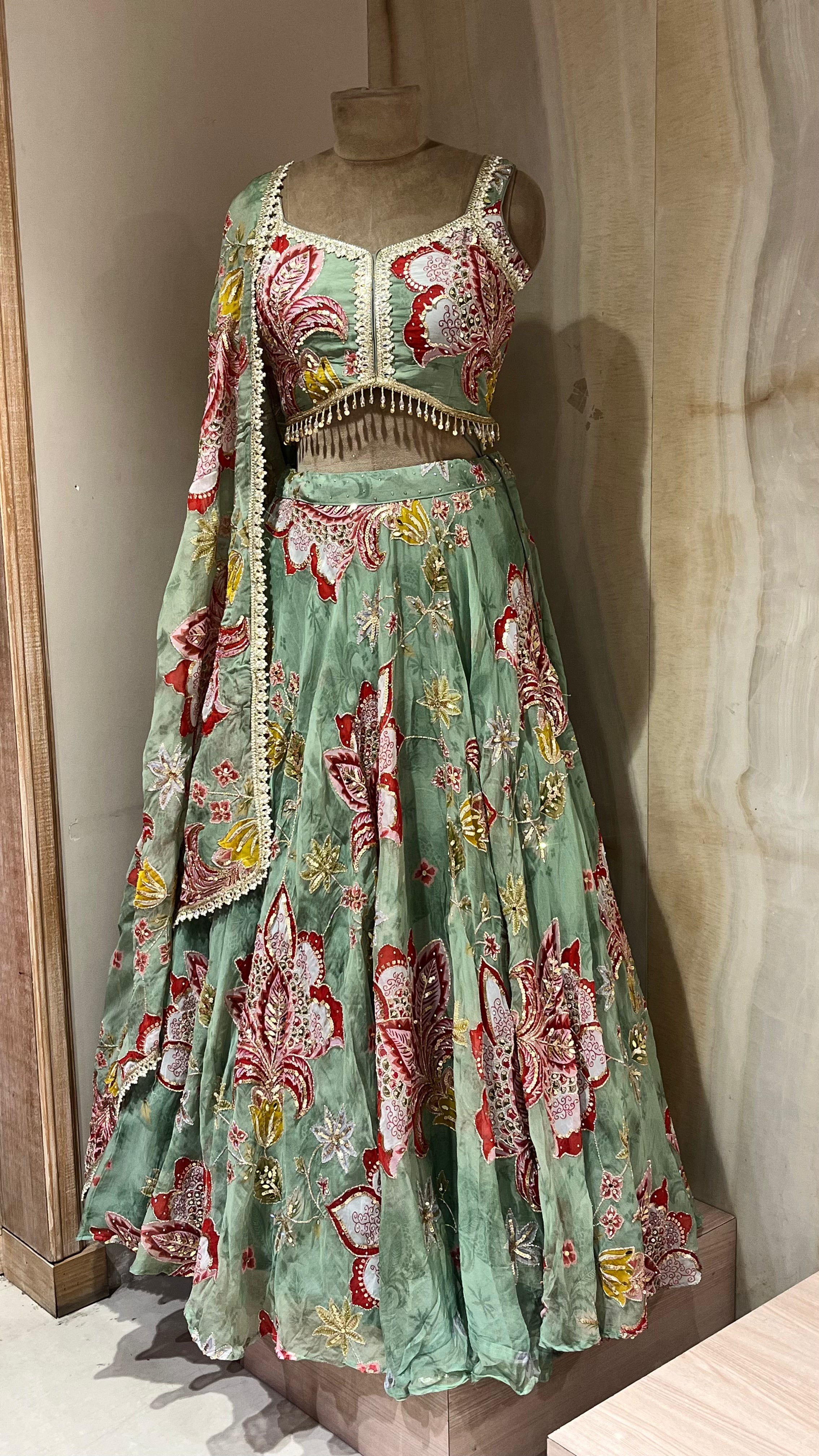 PISTA GREEN FLORAL EMBROIDERED LEHENGA
