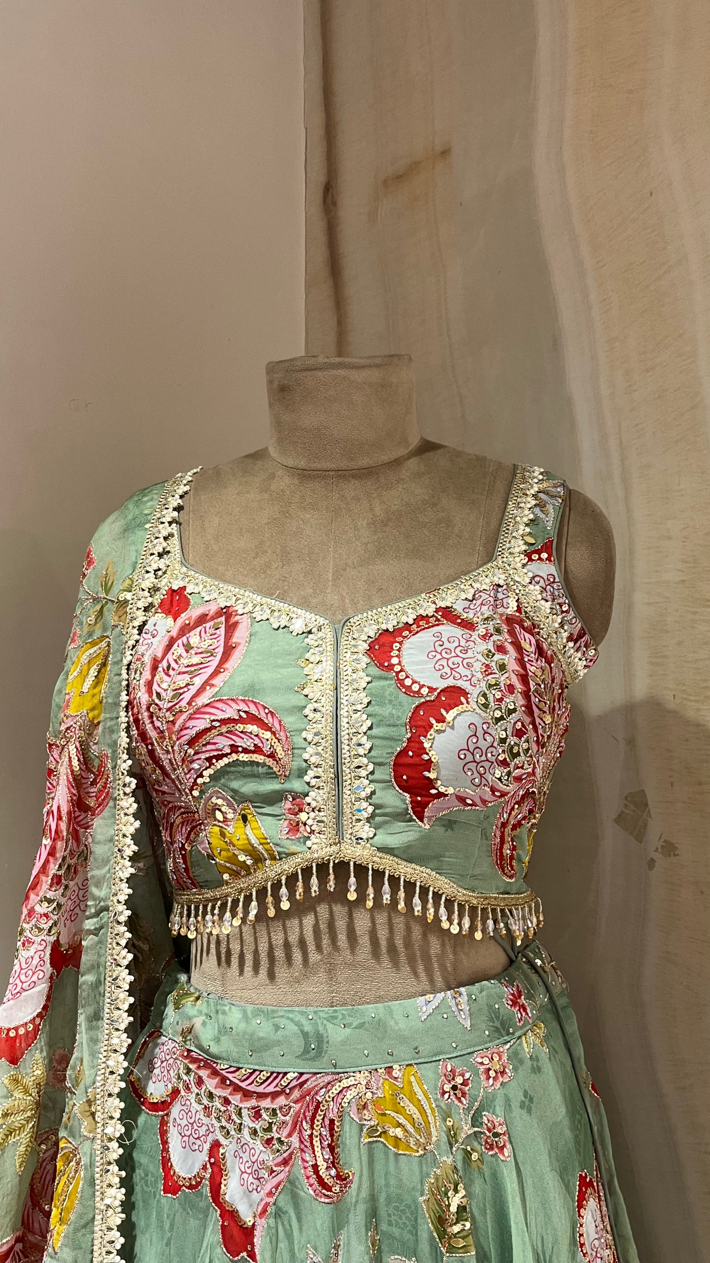 PISTA GREEN FLORAL EMBROIDERED LEHENGA