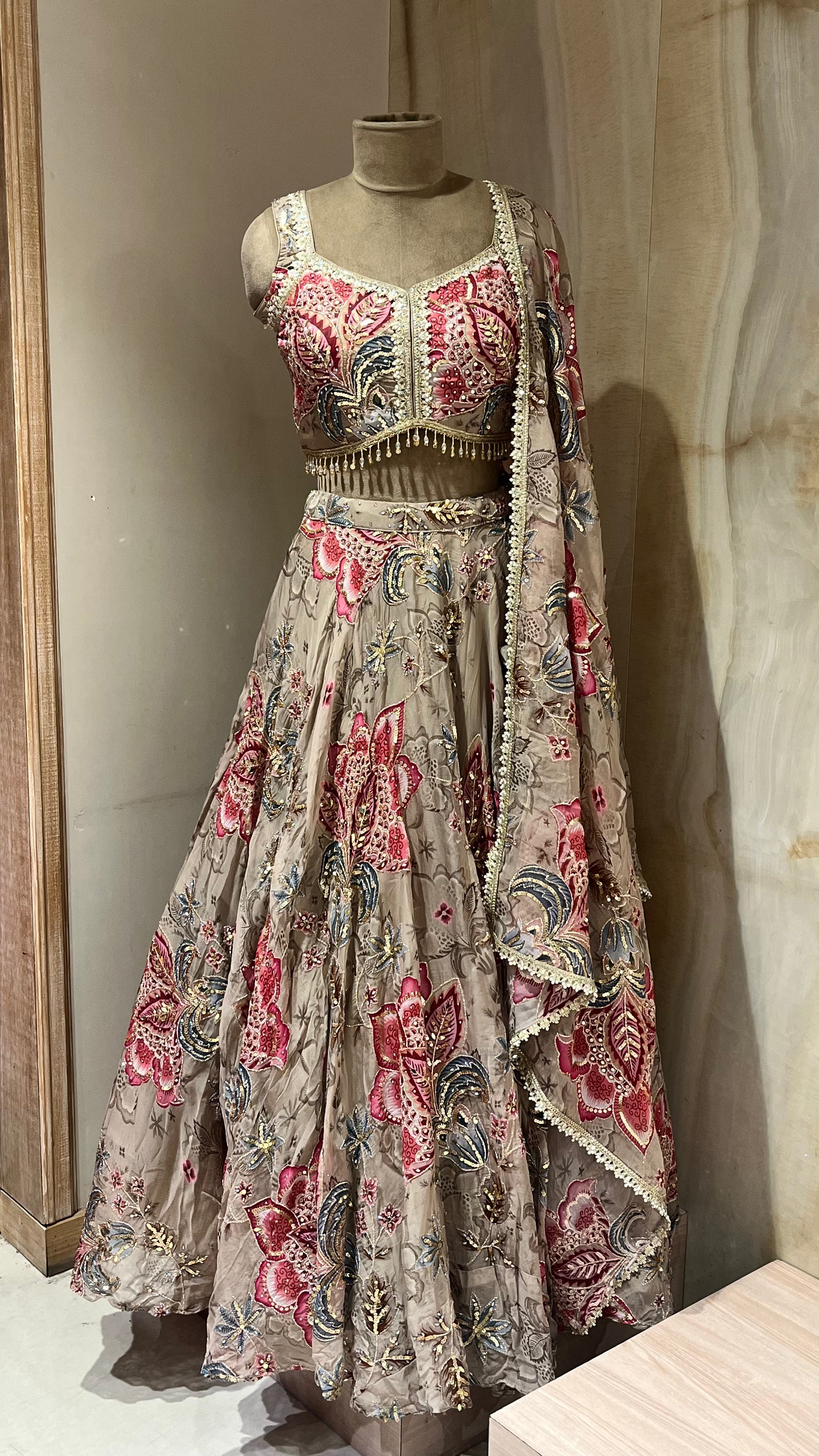 BEIGE FLORAL EMBROIDERED LEHENGA