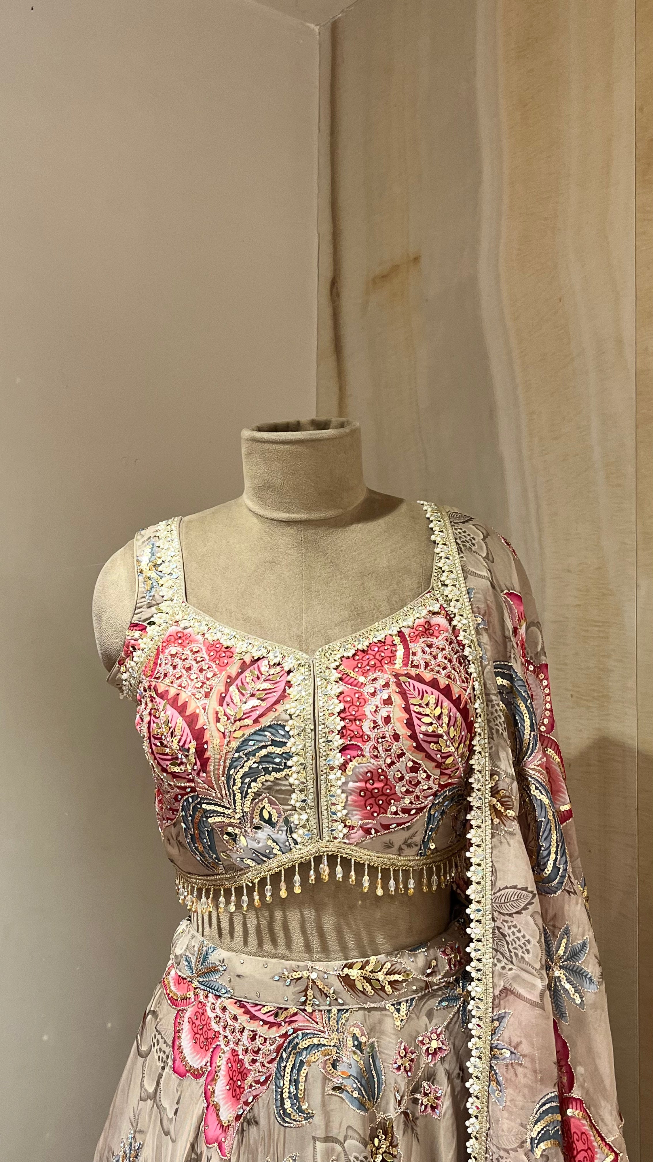 BEIGE FLORAL EMBROIDERED LEHENGA