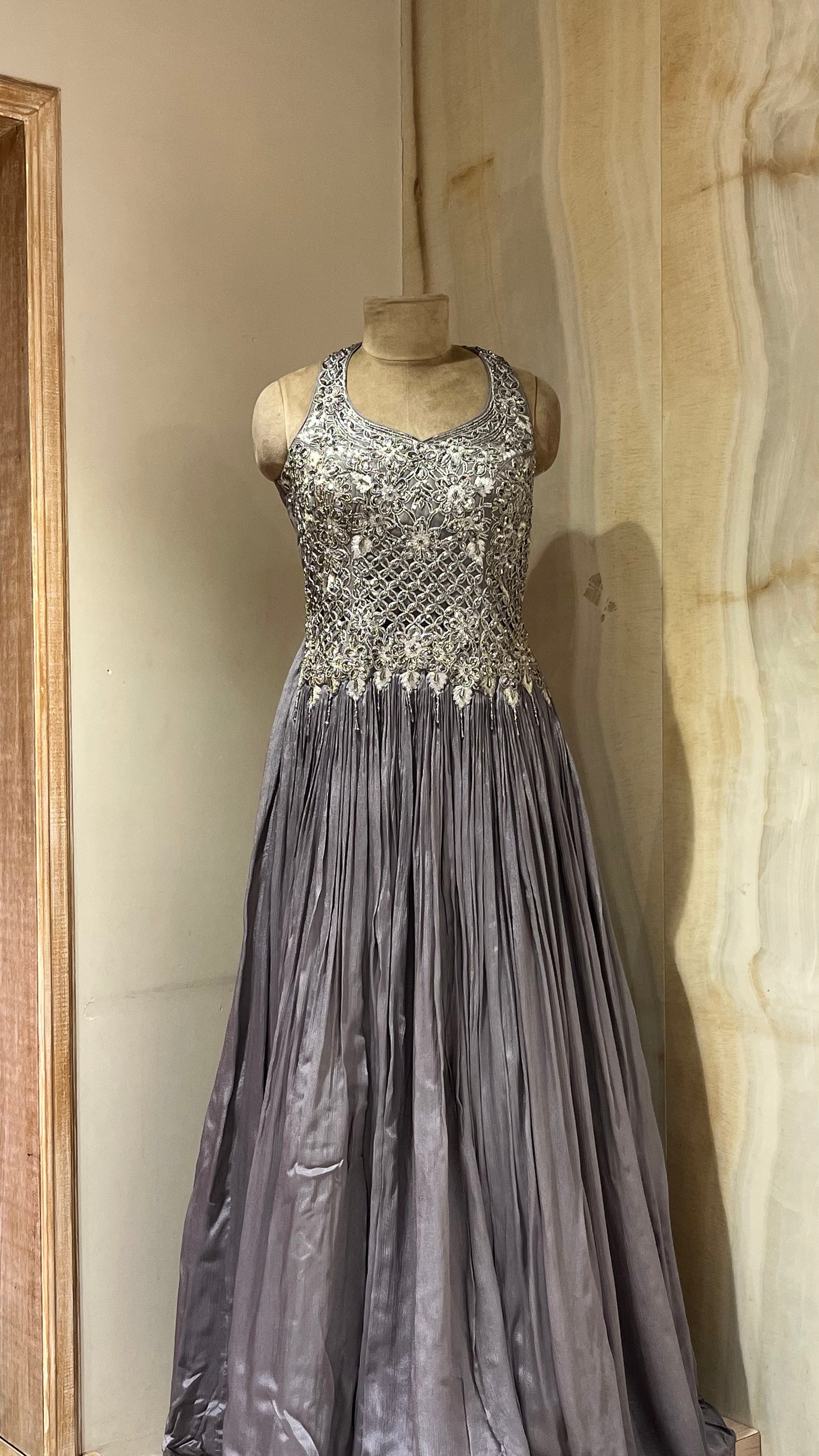GREY HEAVY EMBROIDERED LONG DRESS