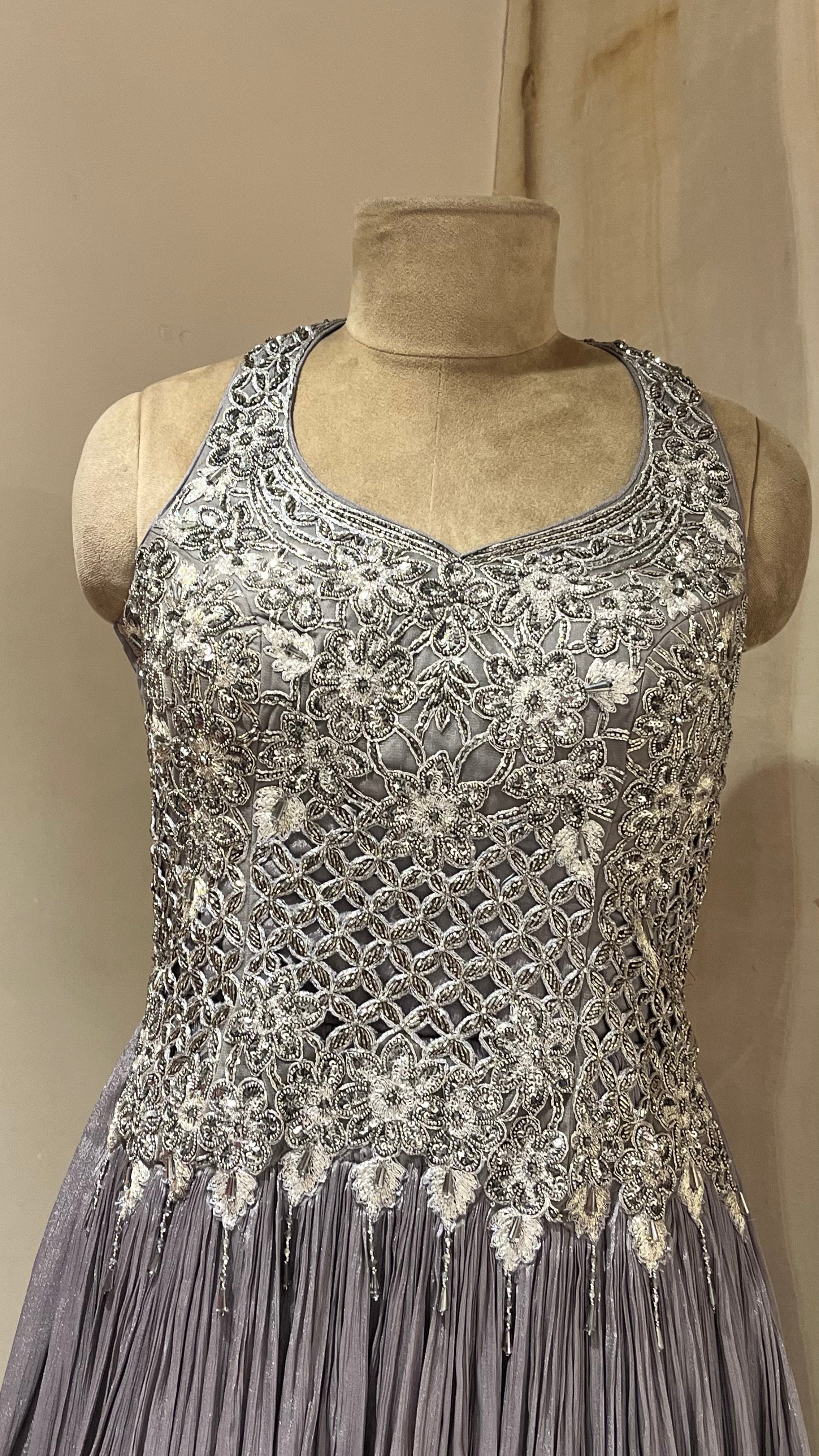 GREY HEAVY EMBROIDERED LONG DRESS