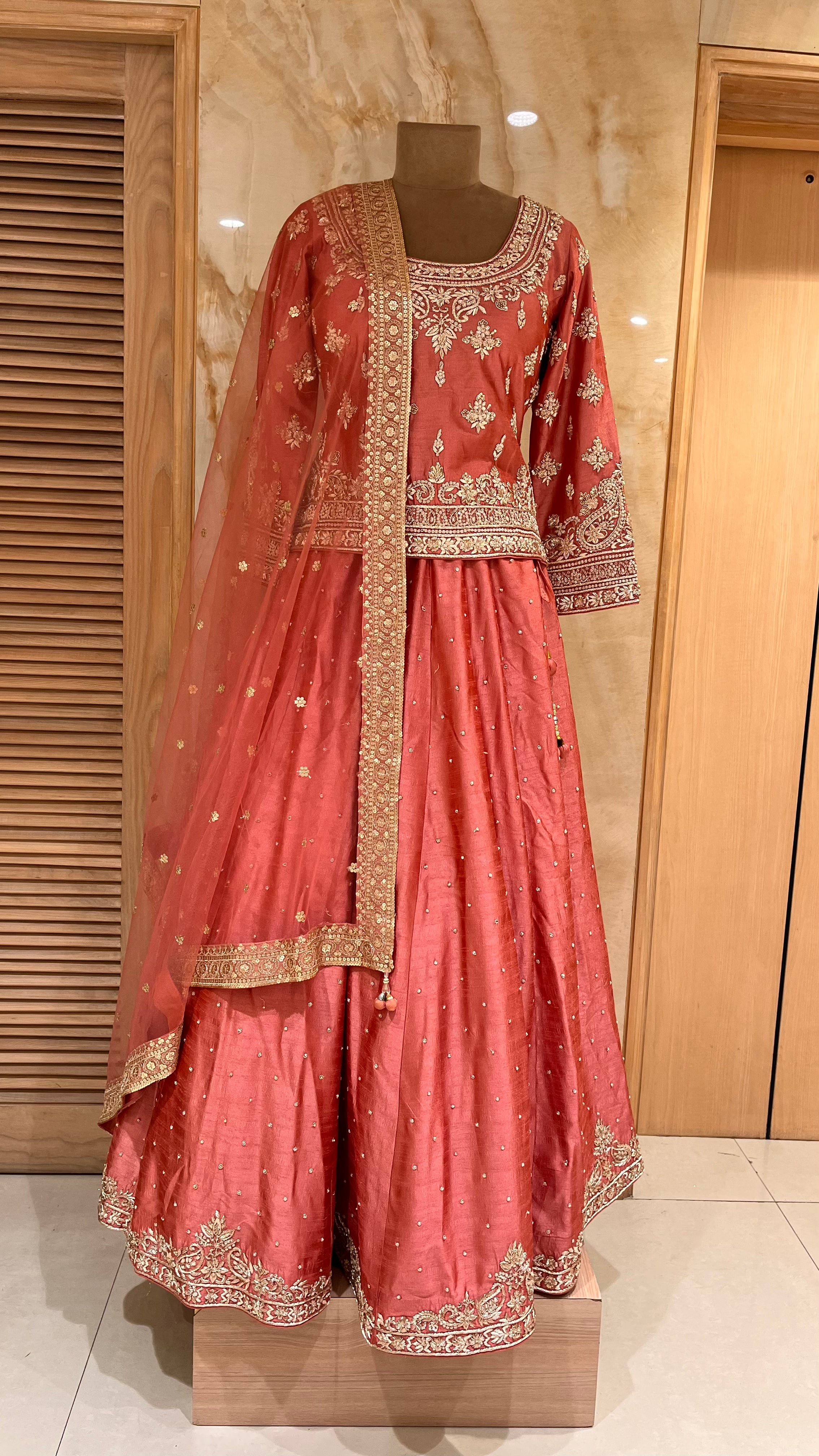 ELEGANT CORAL PINK & GOLD EMBROIDERED LEHENGA SET