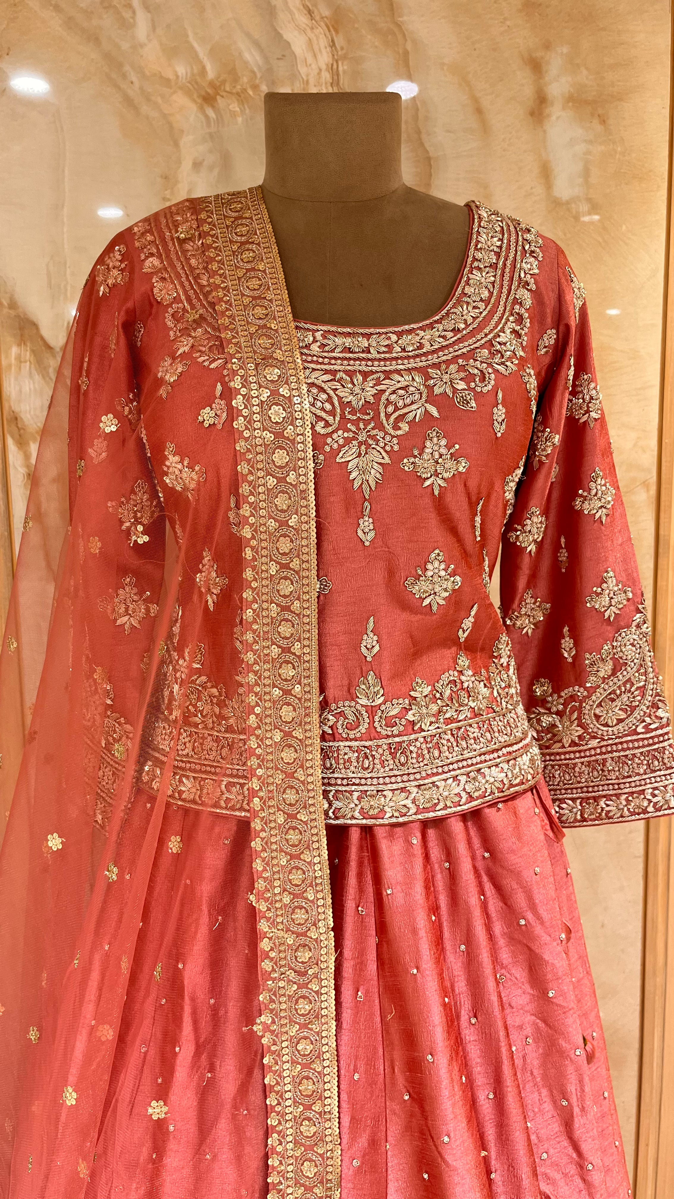 ELEGANT CORAL PINK & GOLD EMBROIDERED LEHENGA SET