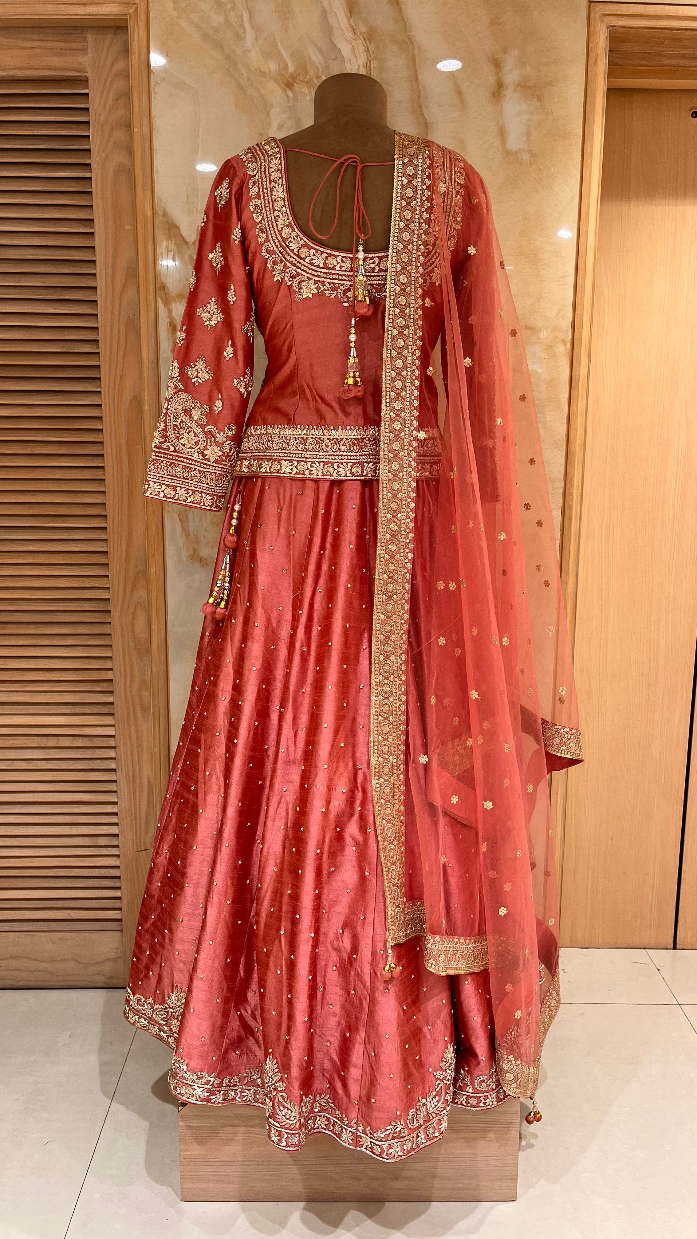 ELEGANT CORAL PINK & GOLD EMBROIDERED LEHENGA SET