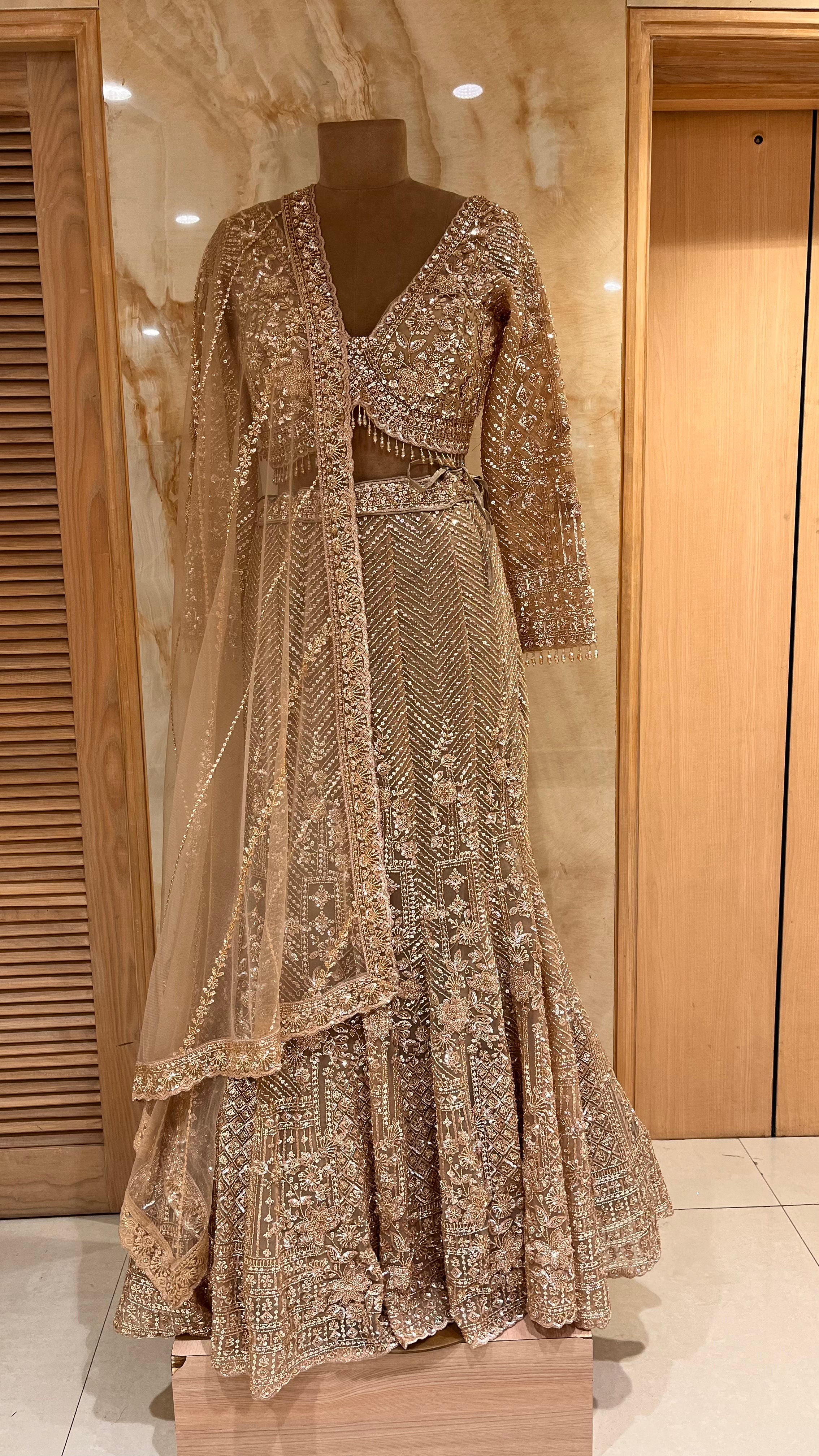 LUXURIOUS BEIGE GOLD EMBROIDERED LEHENGA SET