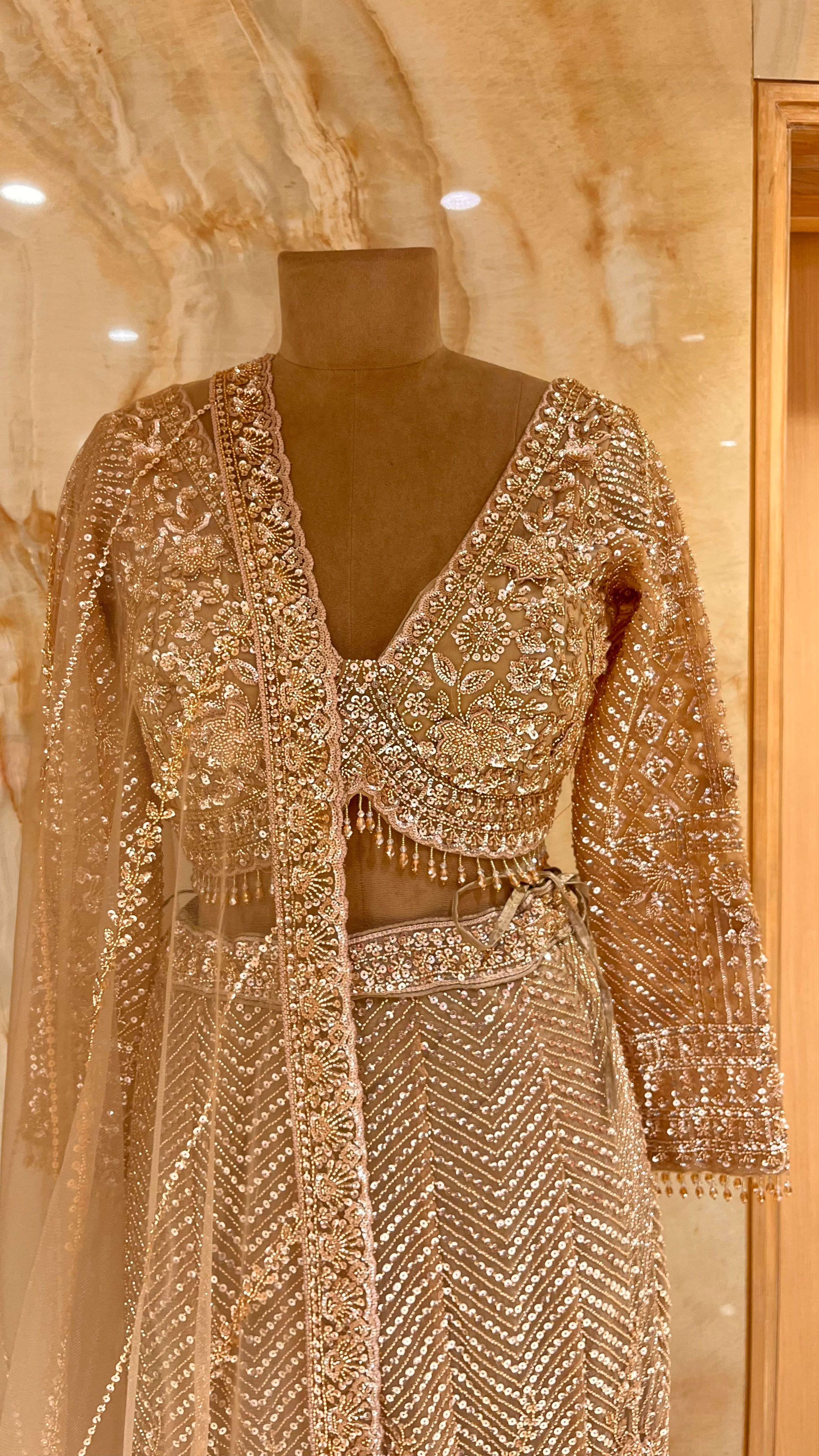 LUXURIOUS BEIGE GOLD EMBROIDERED LEHENGA SET