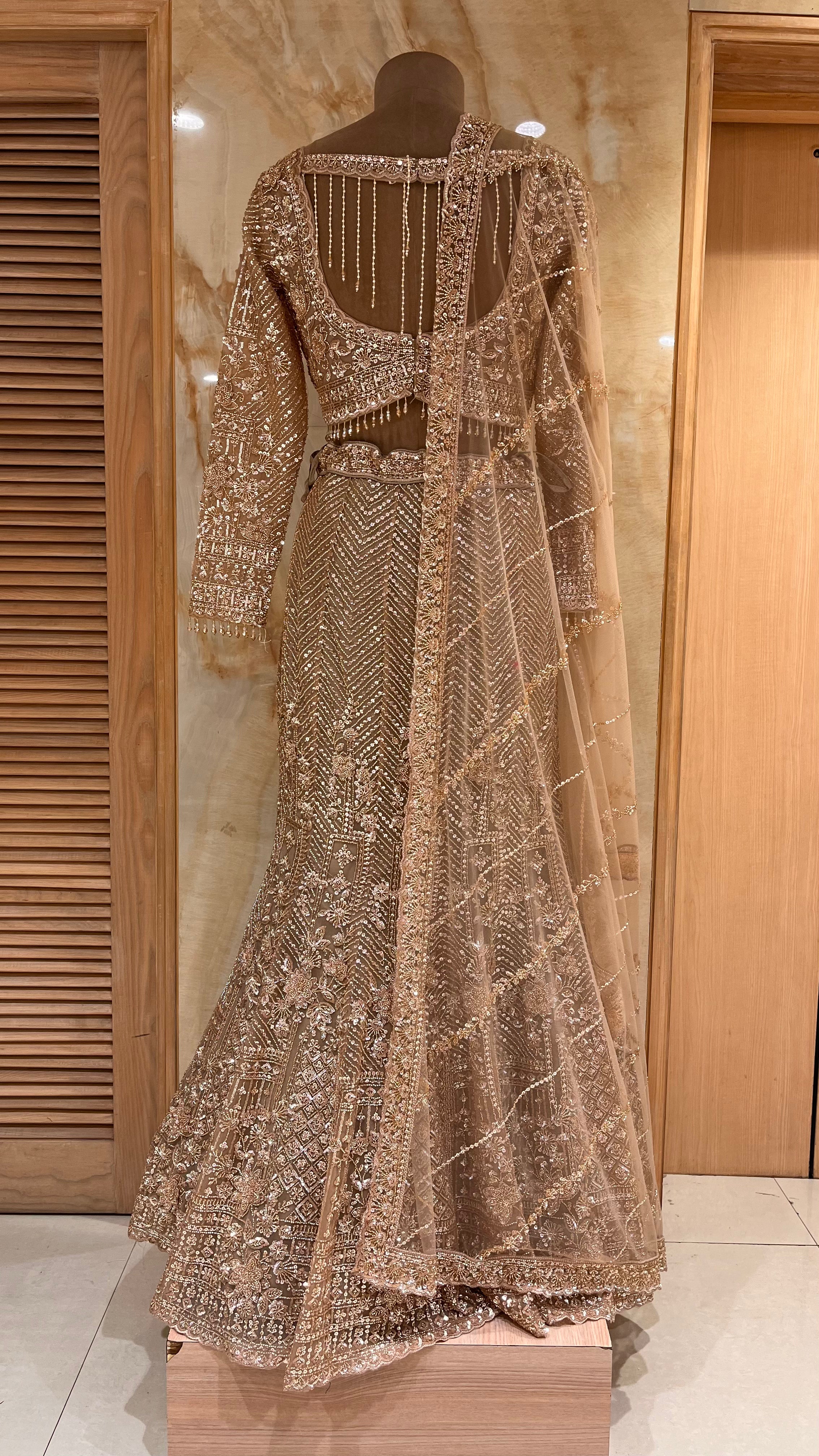 LUXURIOUS BEIGE GOLD EMBROIDERED LEHENGA SET