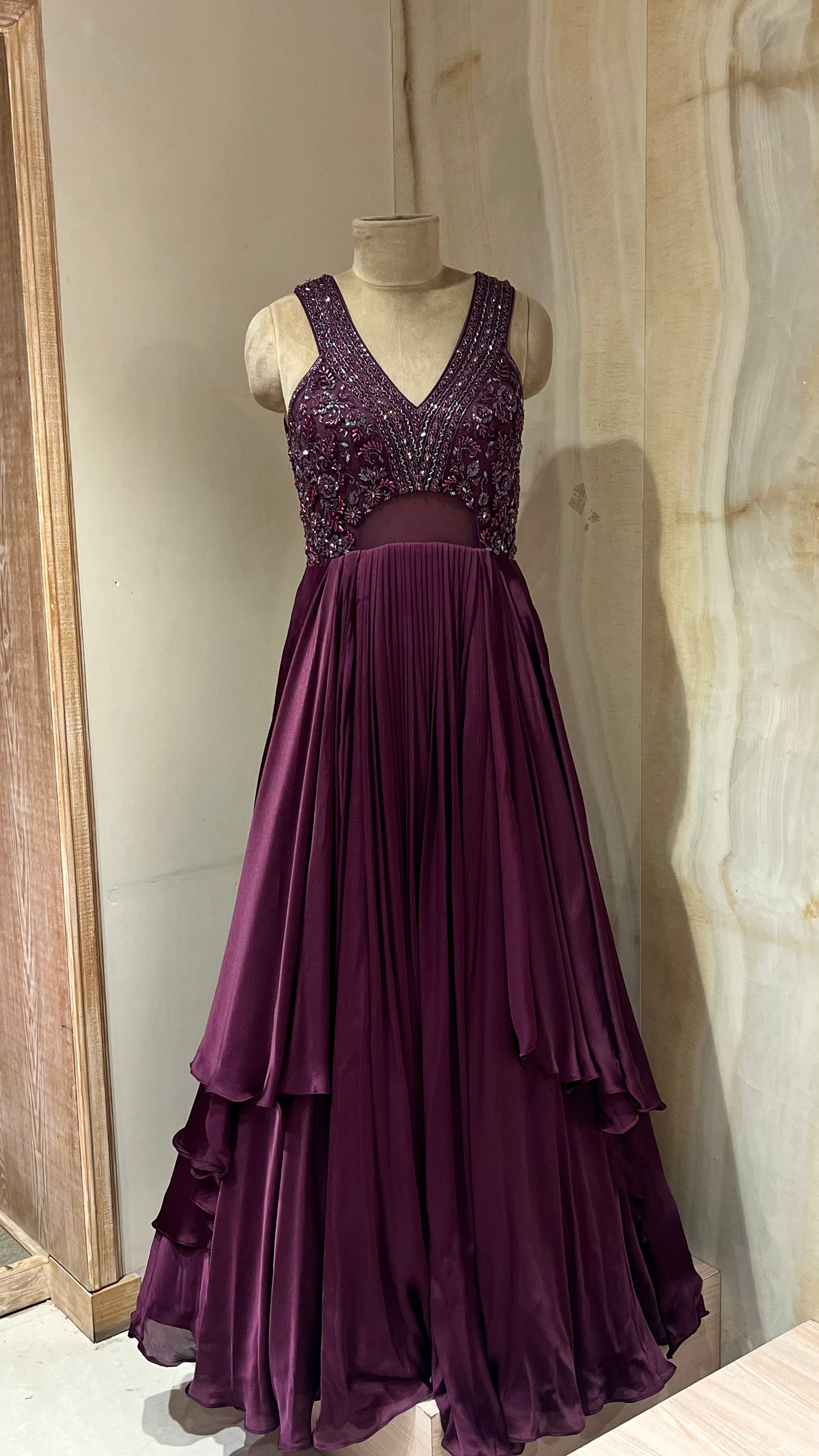 WINE EMBROIDERED LAYERED DRESS