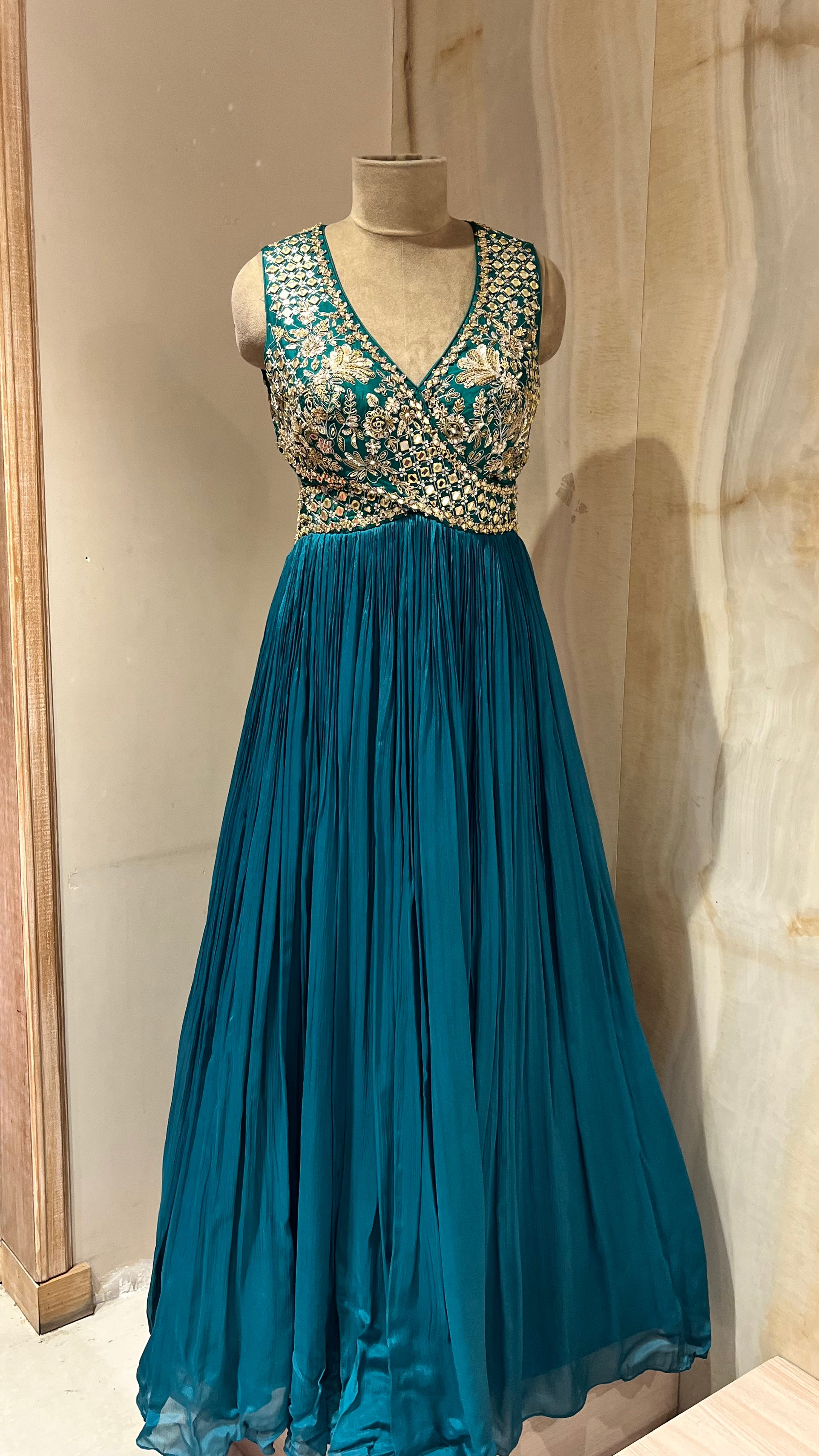 PEACOCK GREEN EMBROIDERED LONG DRESS