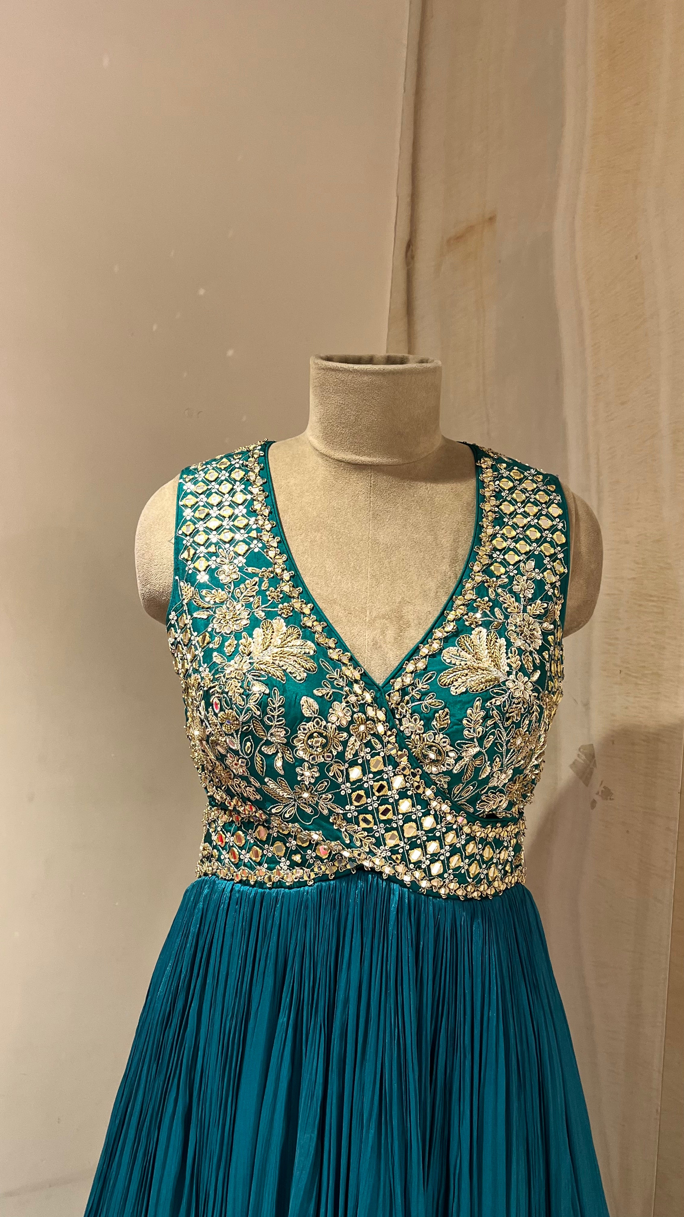 PEACOCK GREEN EMBROIDERED LONG DRESS
