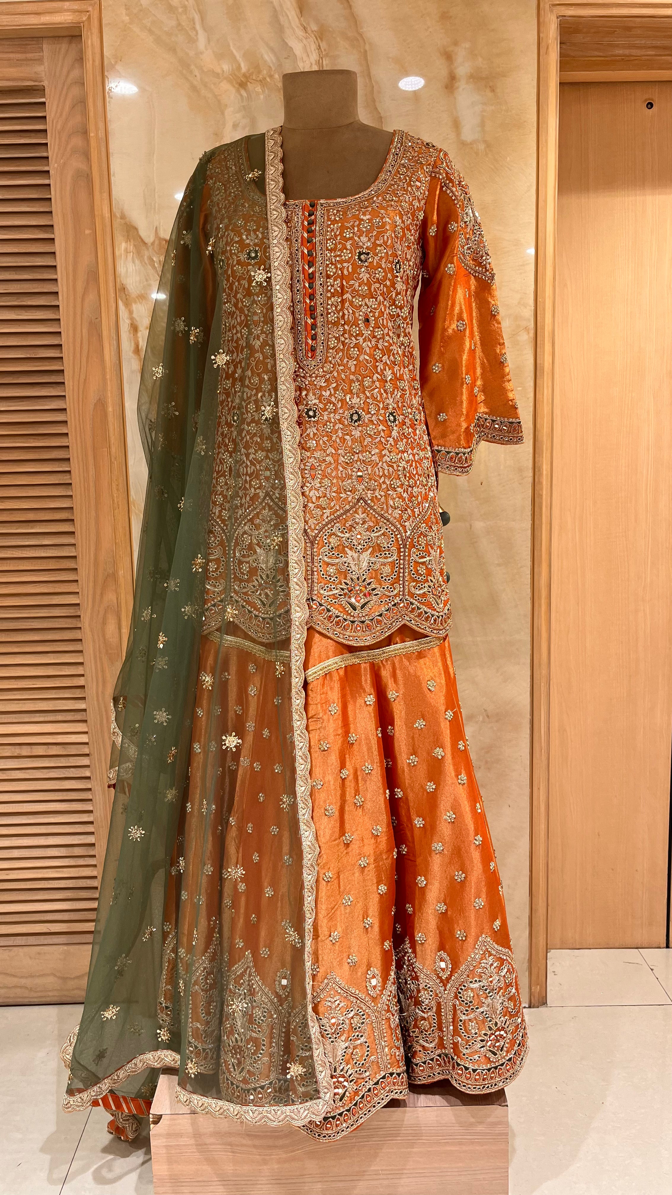 ORANGE & OLIVE GREEN EMBROIDERED  SUIT SET