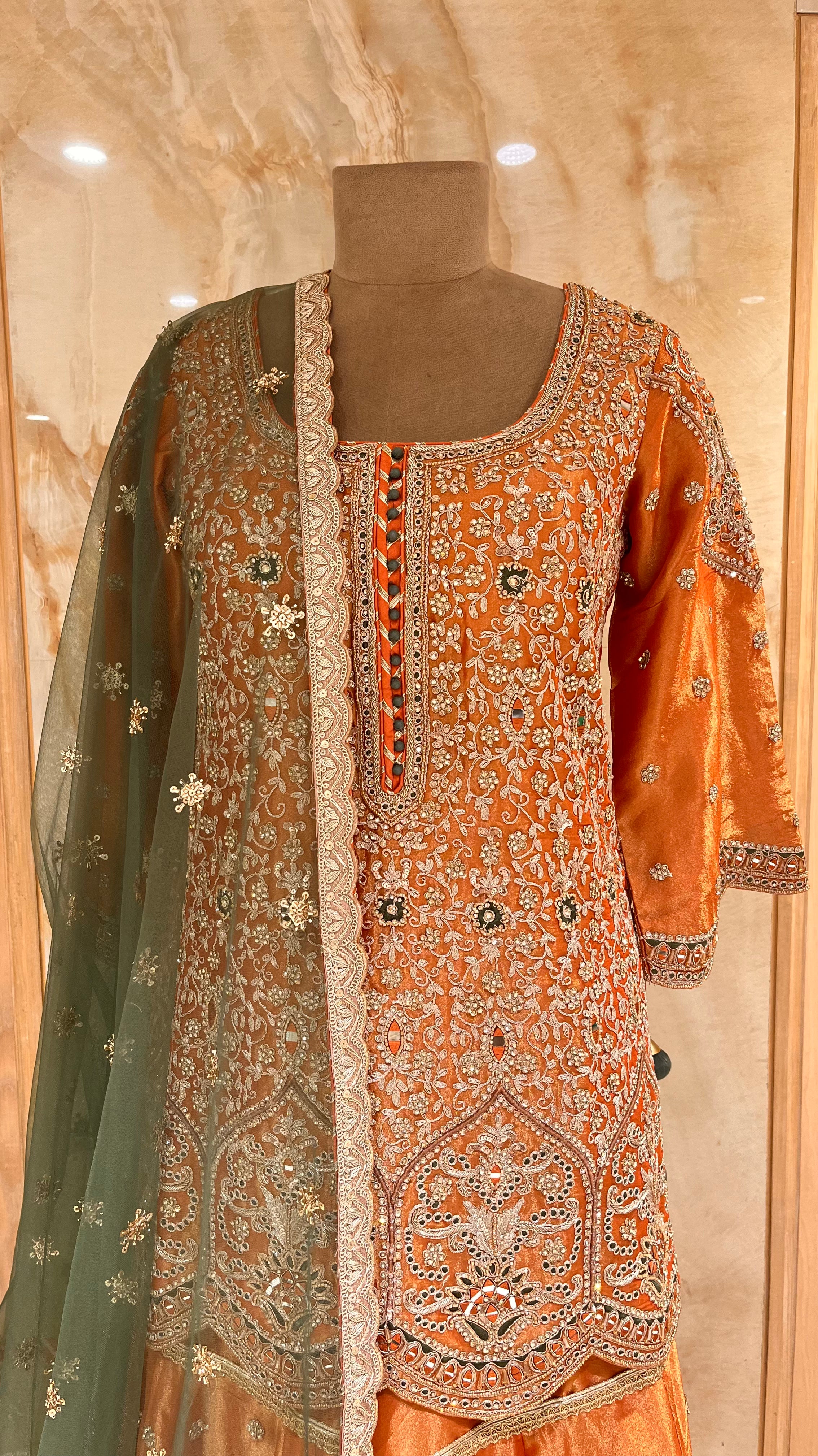 ORANGE & OLIVE GREEN EMBROIDERED  SUIT SET