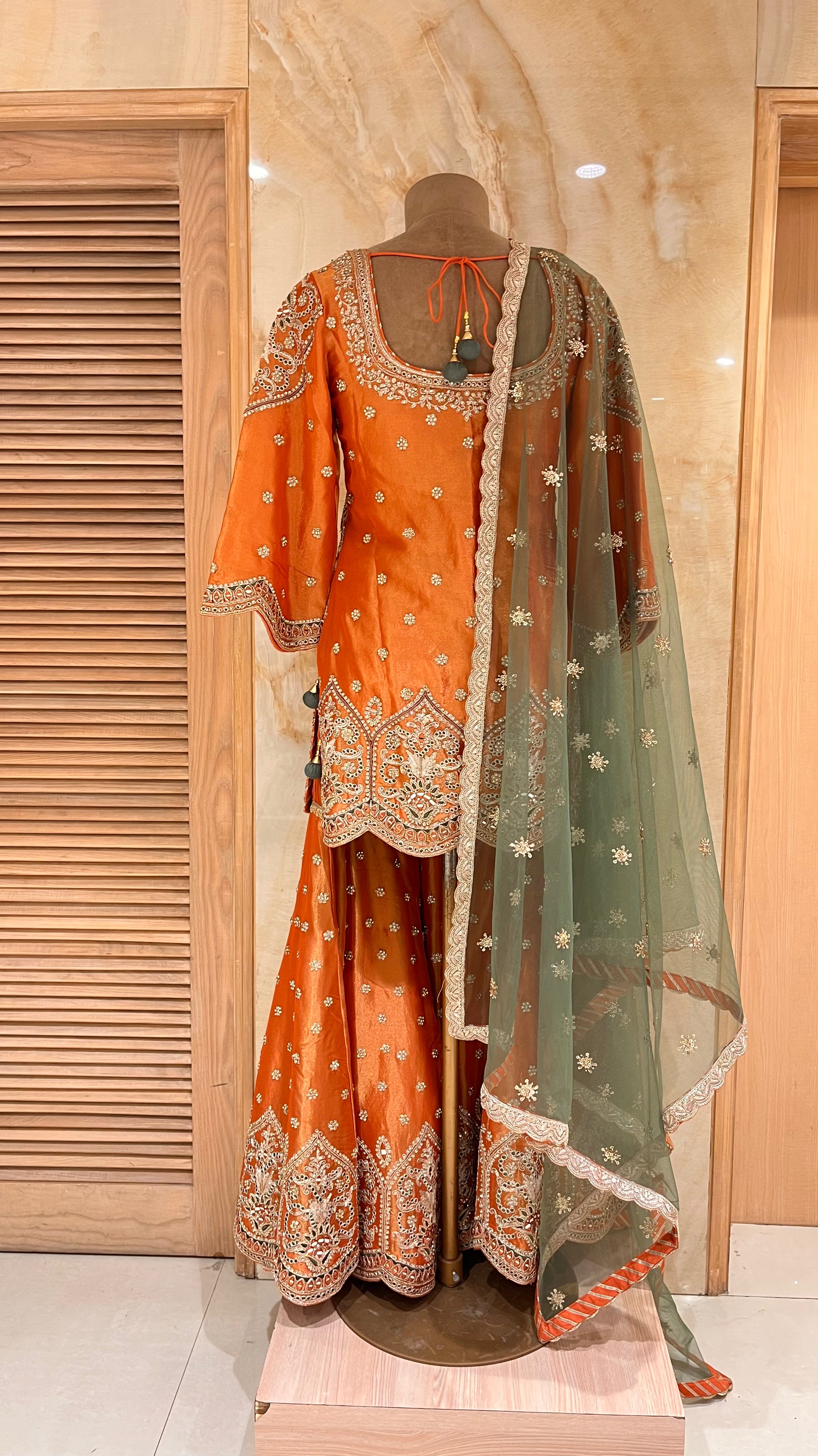 ORANGE & OLIVE GREEN EMBROIDERED  SUIT SET