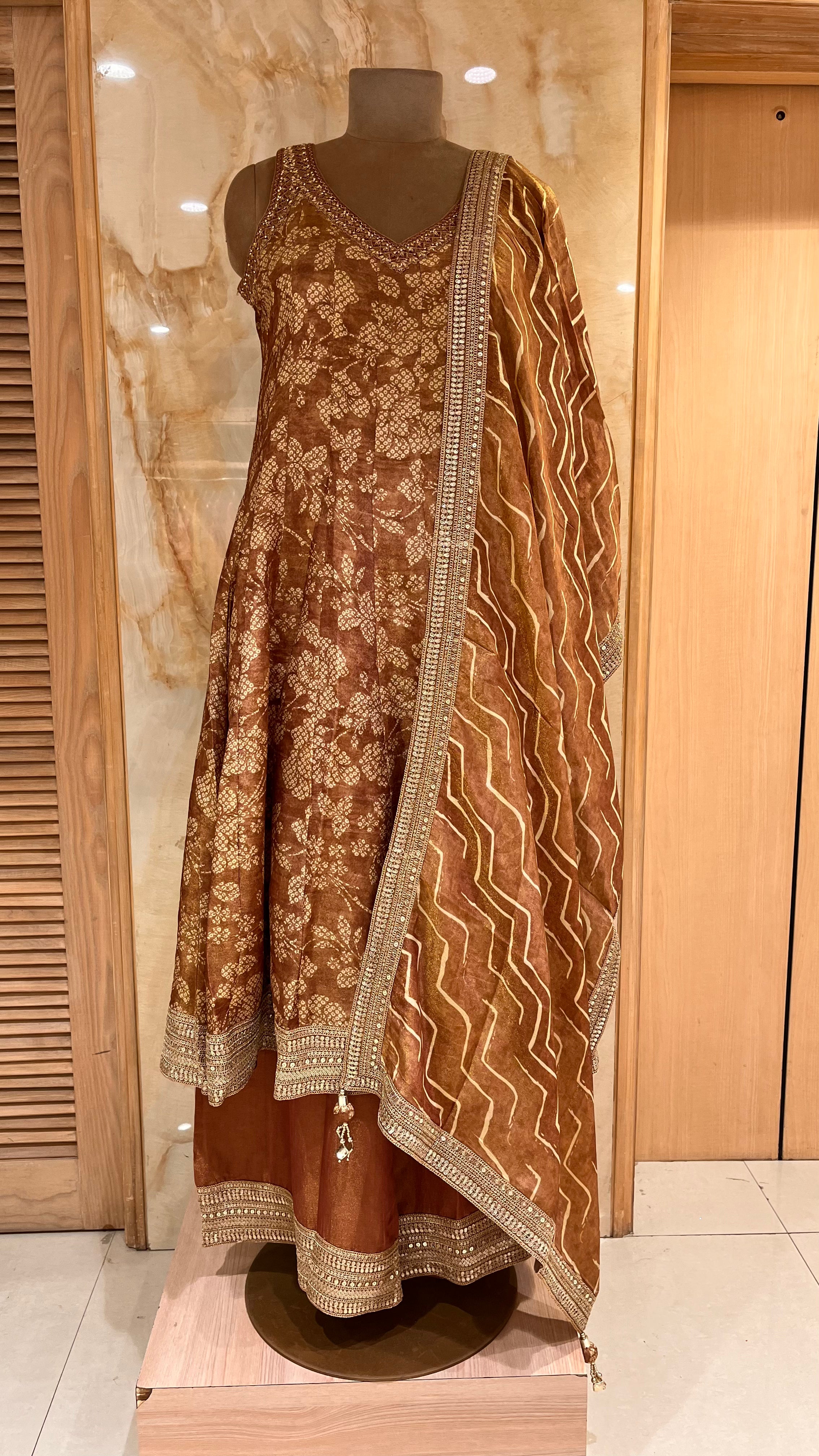 RUST BROWN PRINTED ANARKALI SET