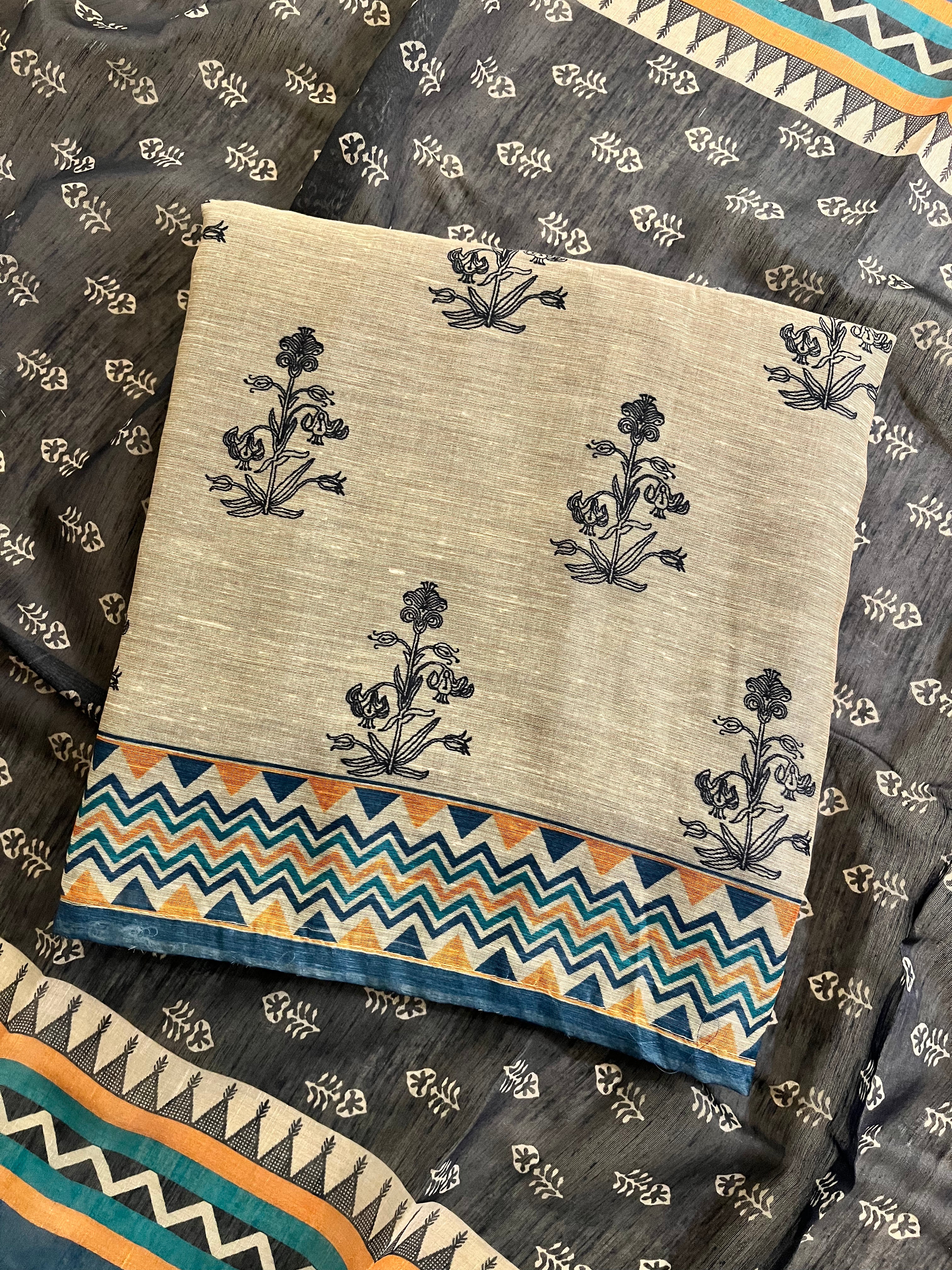 BEIGE & CHARCOAL PRINTED UNSTITCHED SUIT