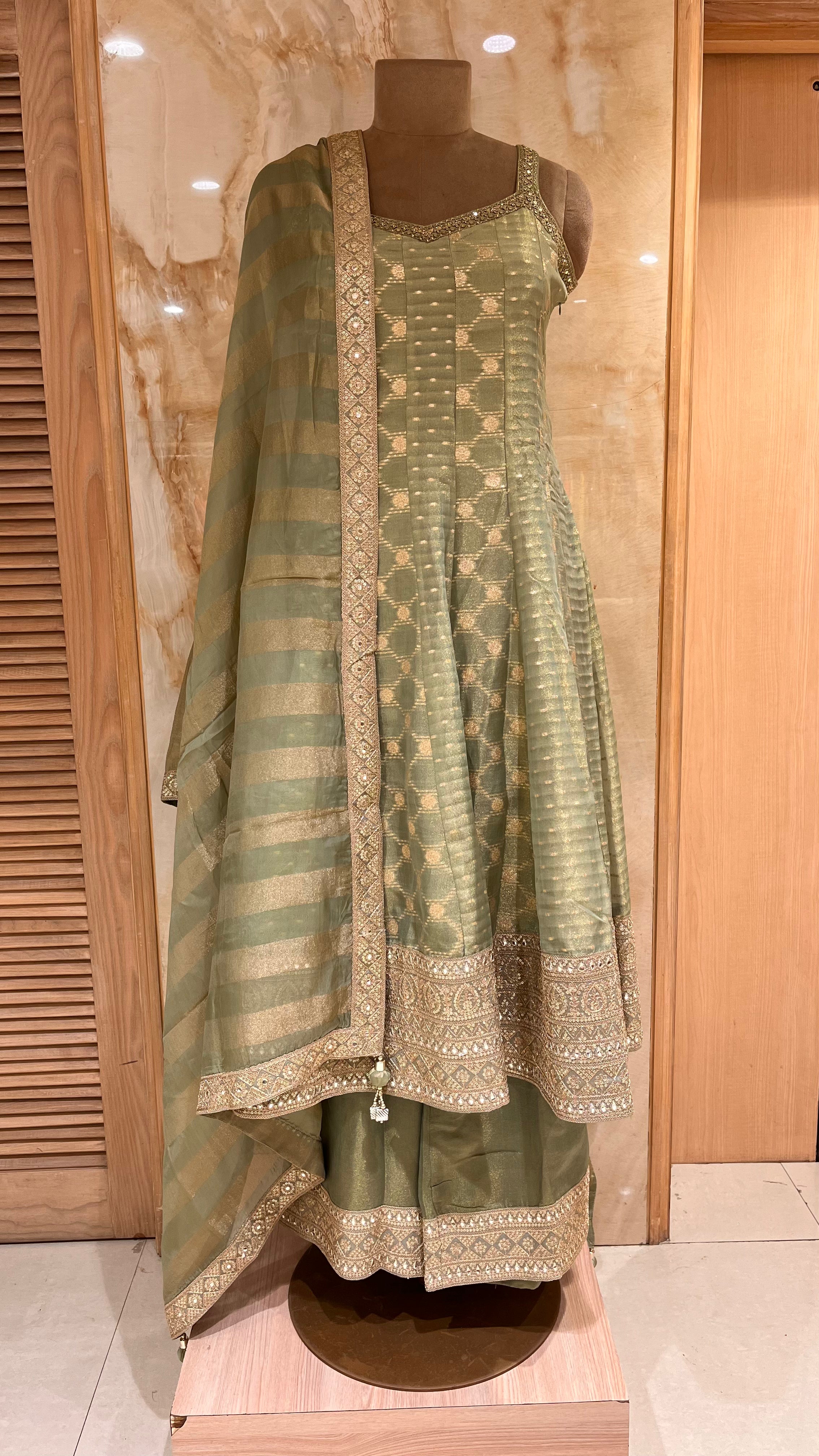 OLIVE GREEN EMBROIDERED ANARKALI SET