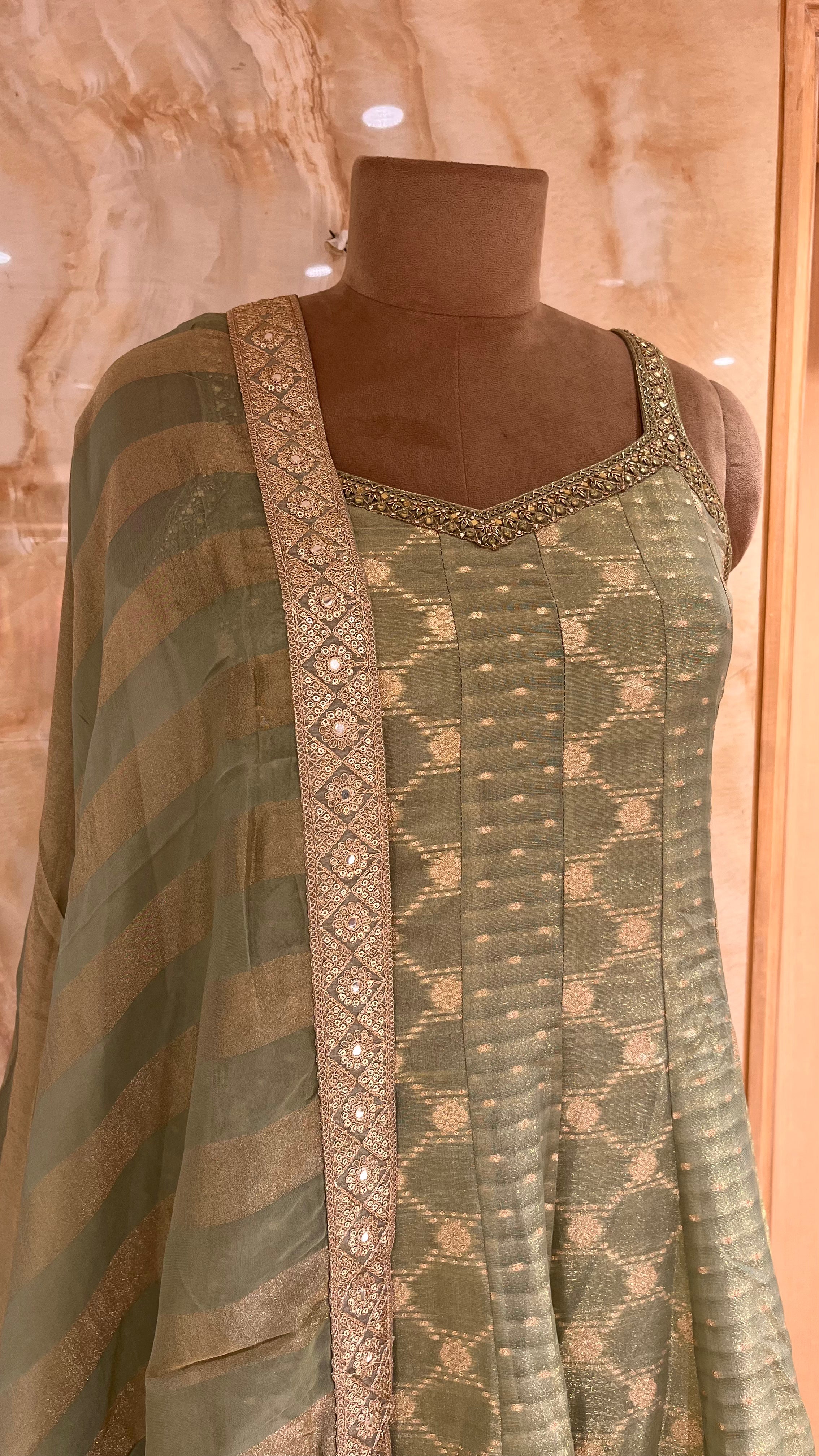 OLIVE GREEN EMBROIDERED ANARKALI SET