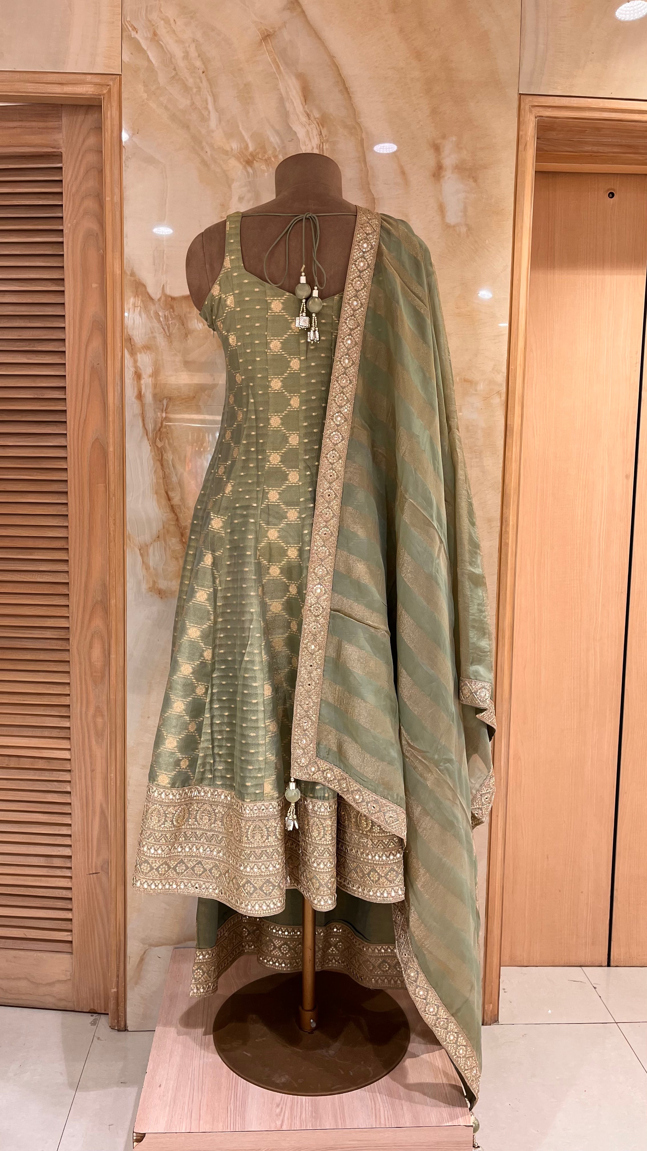 OLIVE GREEN EMBROIDERED ANARKALI SET